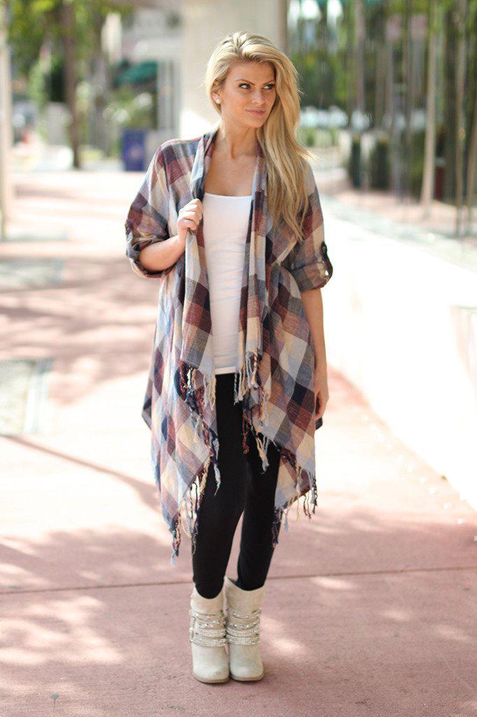 Stylish Burgundy and Navy Checkered Fringe Women's Cardigan for All Seasons