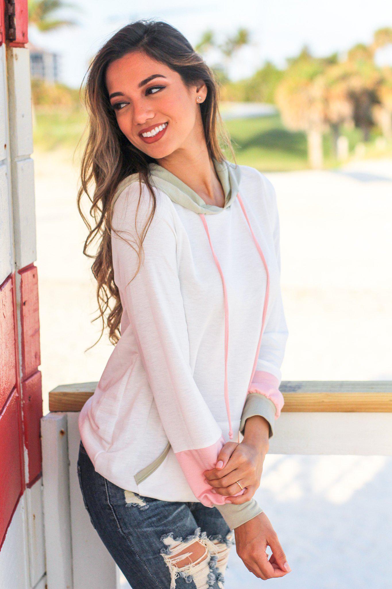 Fashionable Ivory and Sage Color Block Long - Sleeved Sweater with Drawstring Hood and Front Pocket
