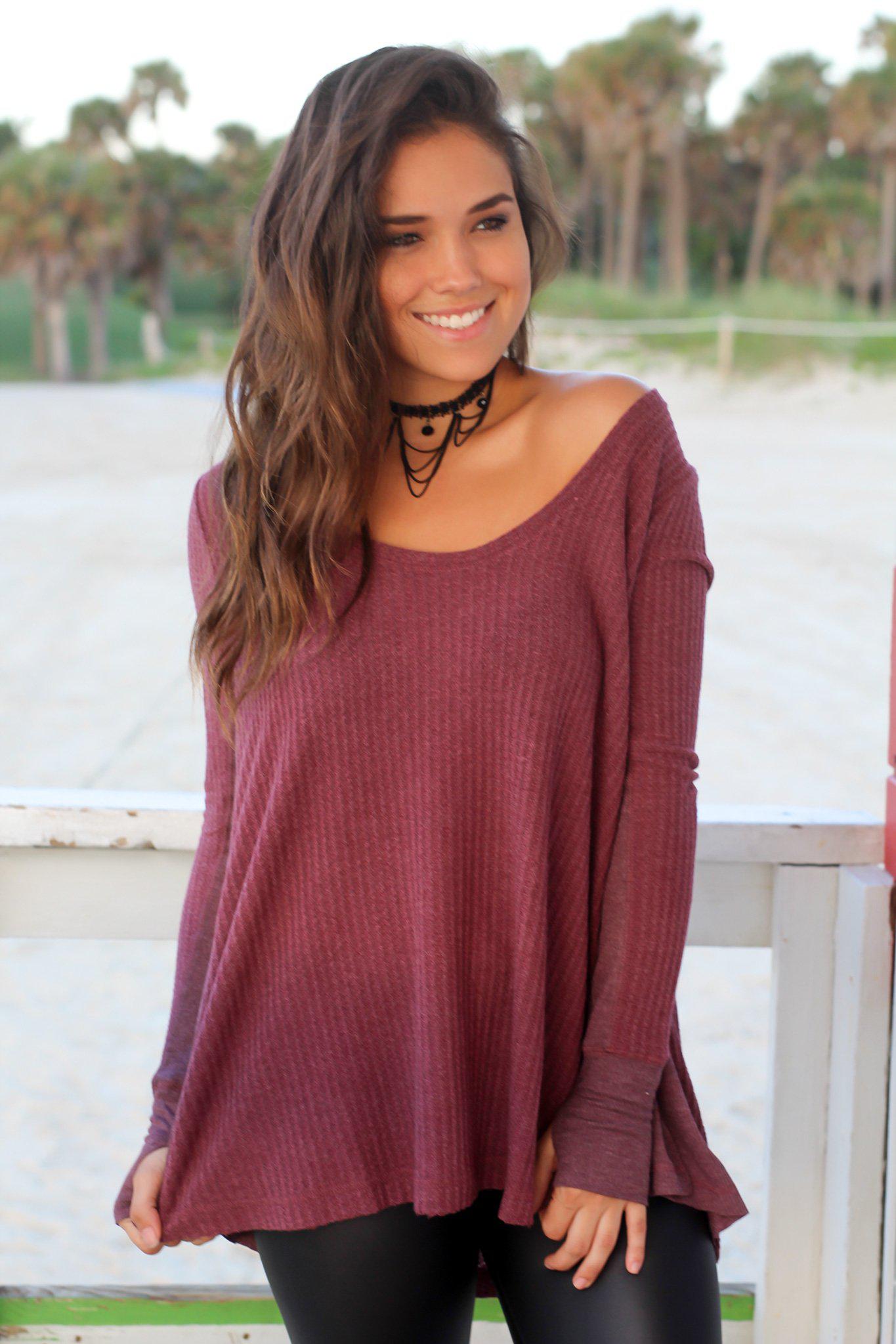 Stylish Burgundy Long Sleeve Top with Convenient Thumb Holes