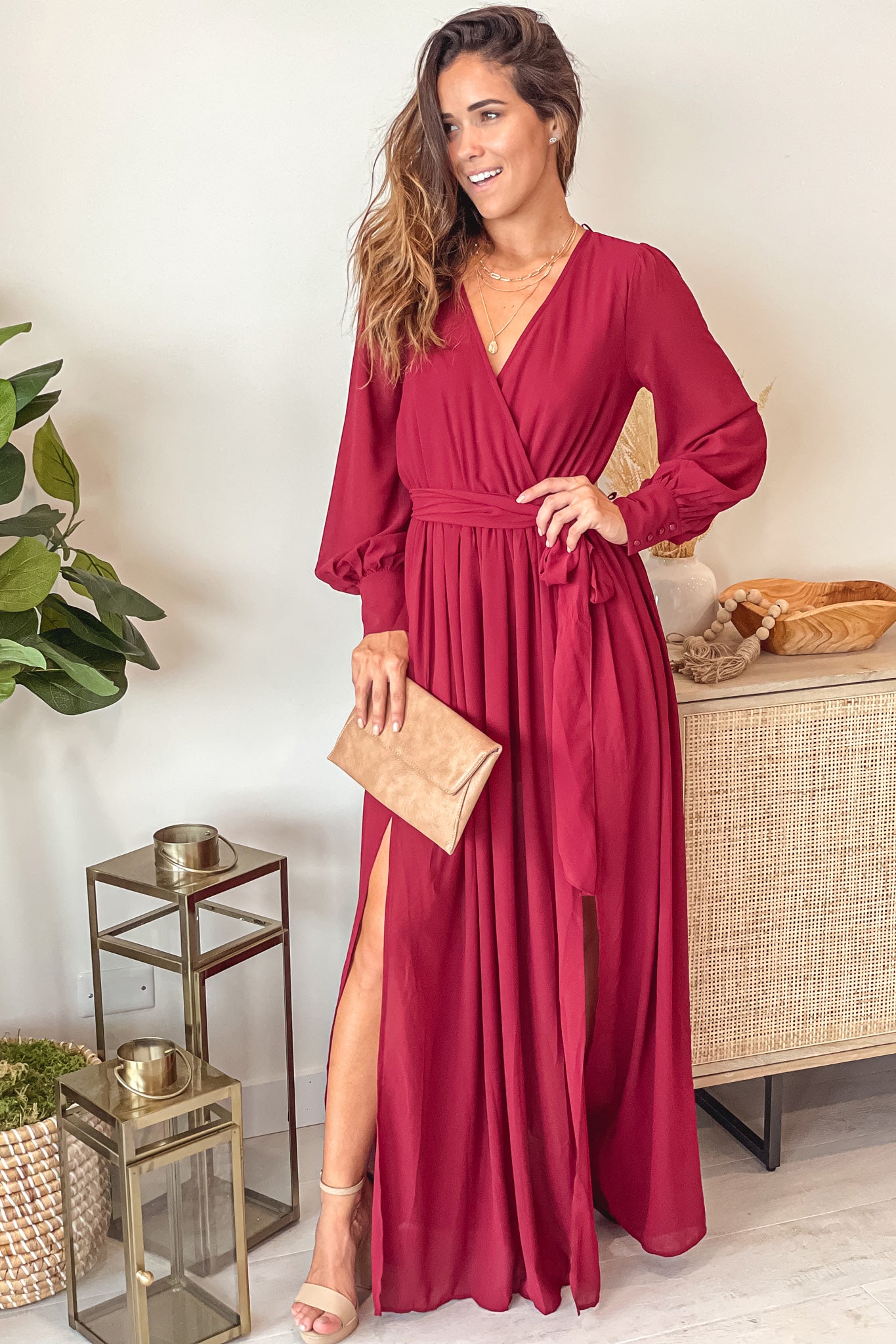 Elegant Burgundy Women's Long - Sleeved Wrap - Style Maxi Dress with Side Slit and Belt