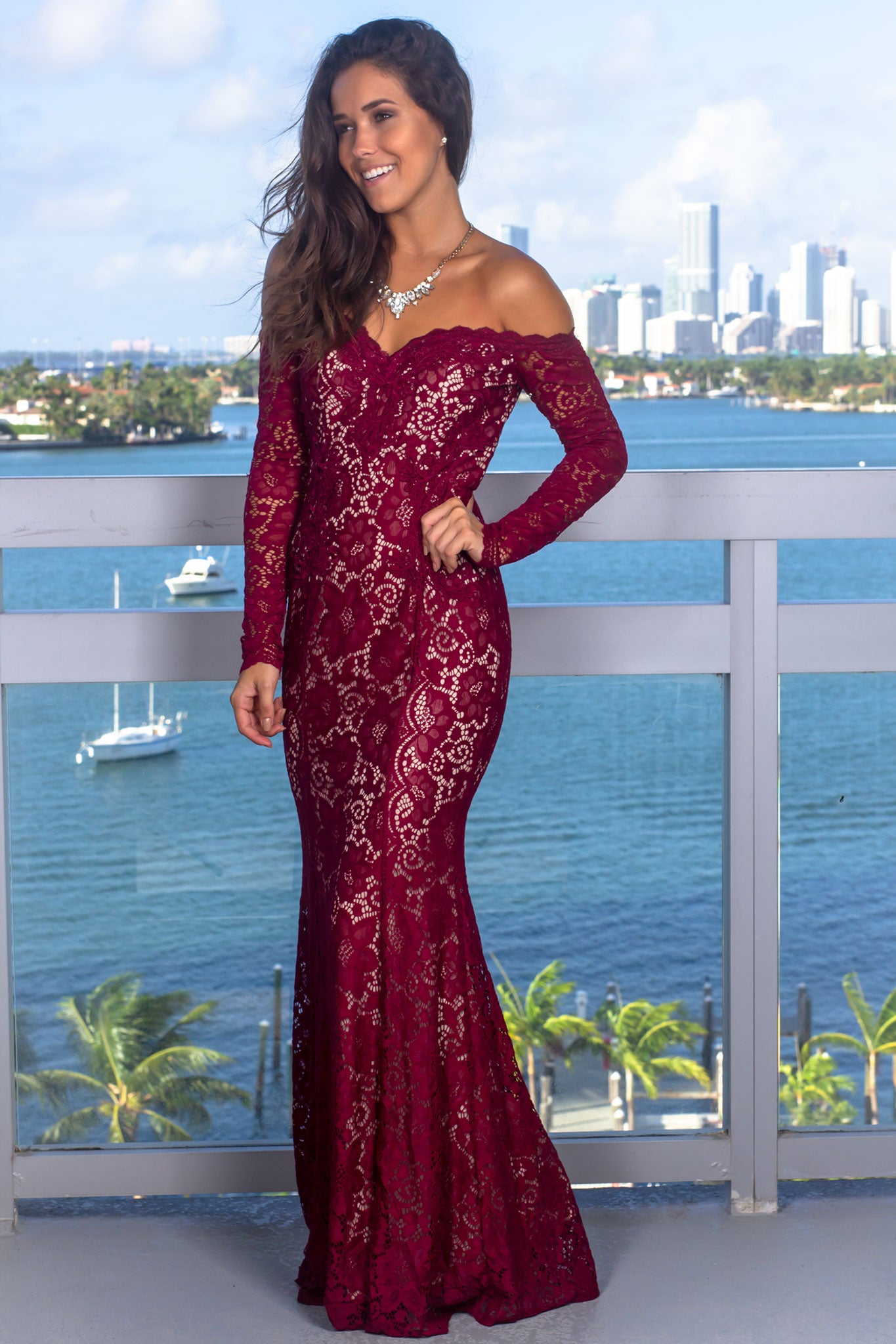Stylish Burgundy Crochet Off - Shoulder Stretch Maxi Dress for Special Occasions