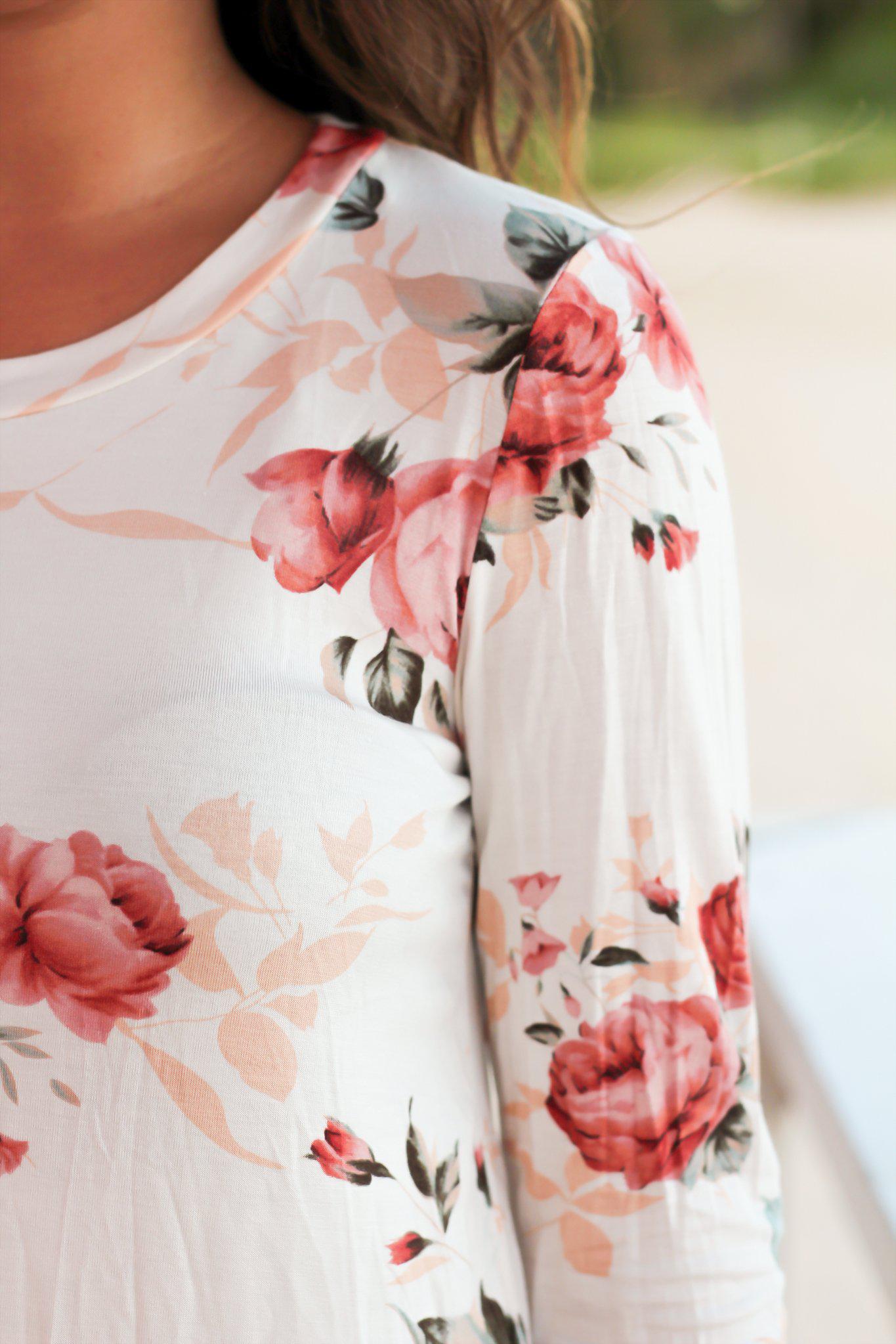 Elegant Ivory Floral Long Sleeve Women's Blouse Top
