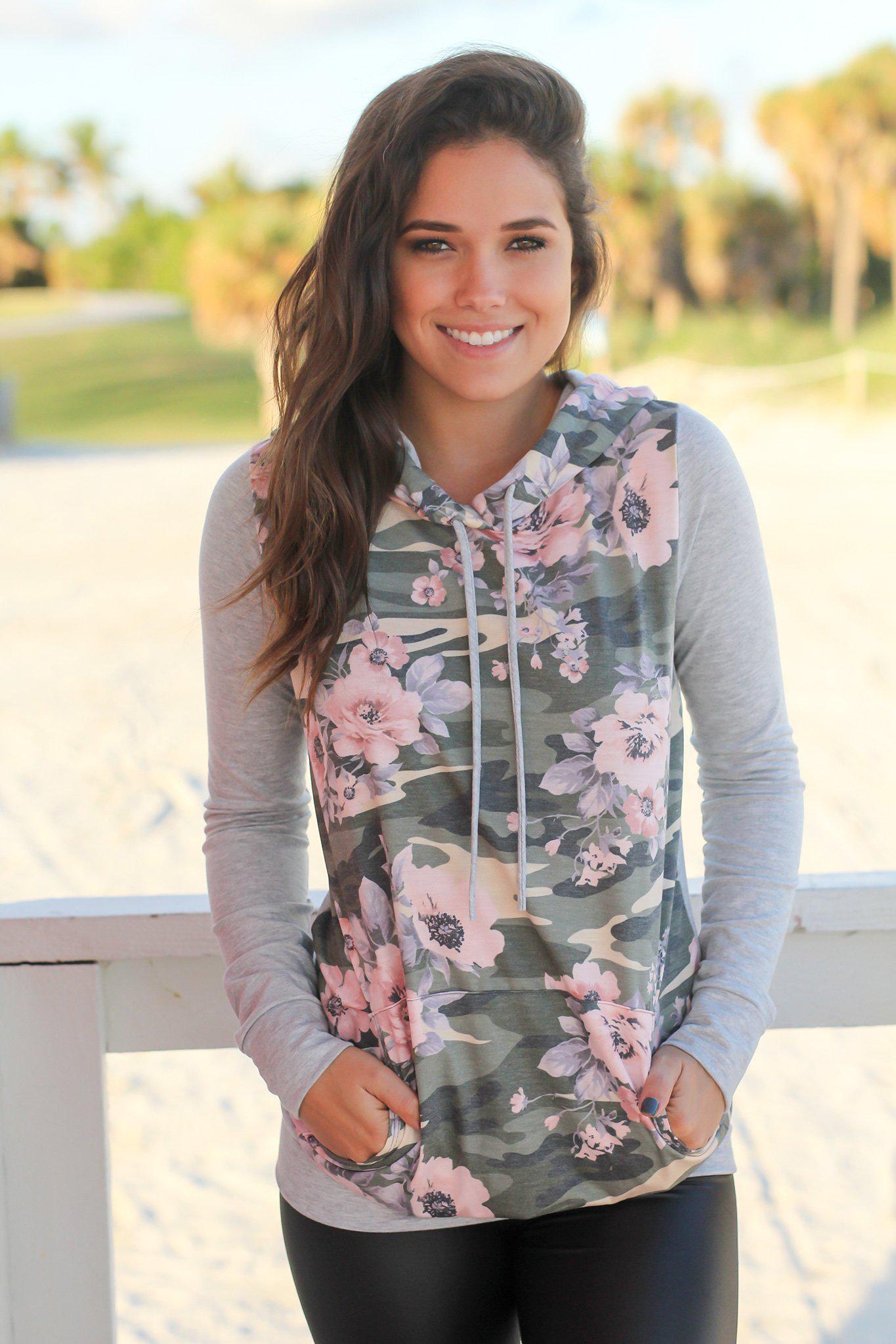 Stylish Olive Camo and Floral Print Hoodie with Drawstring and Pocket