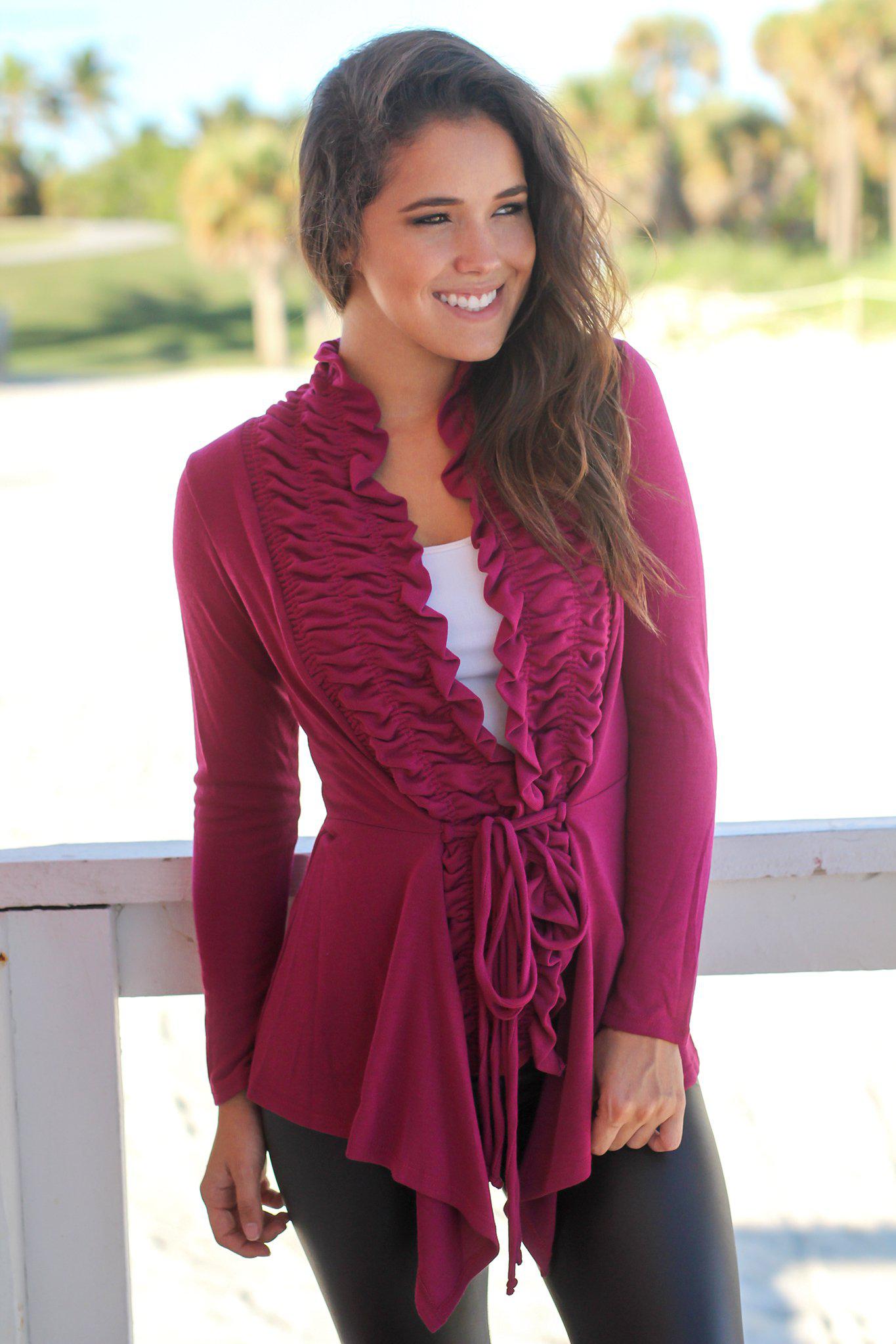 Stunning Magenta Women's Fashion Ruffled Cardigan for All Seasons