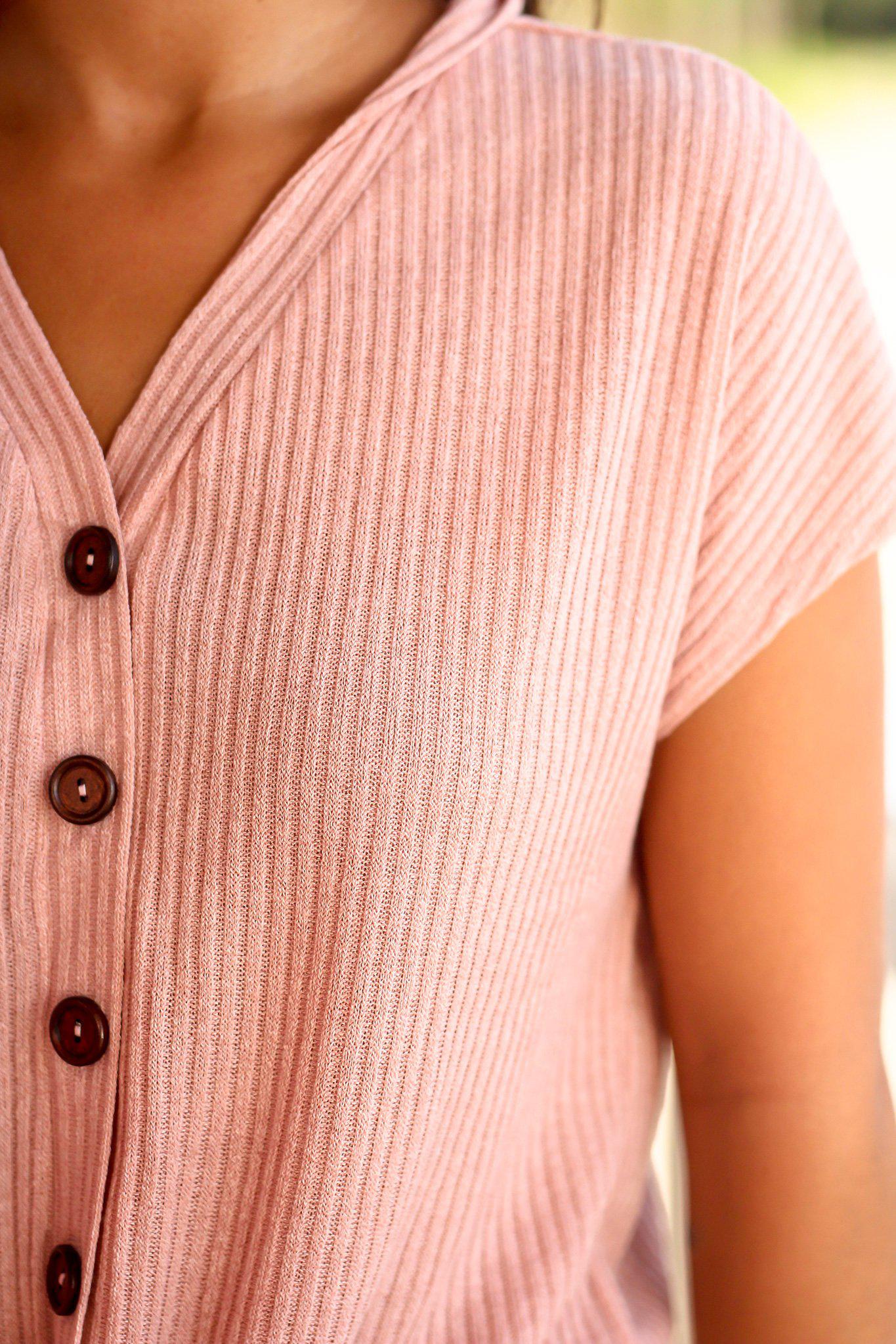 Adorable Blush-Colored V-Neck Ribbed Women's Top with Front Tie Detail
