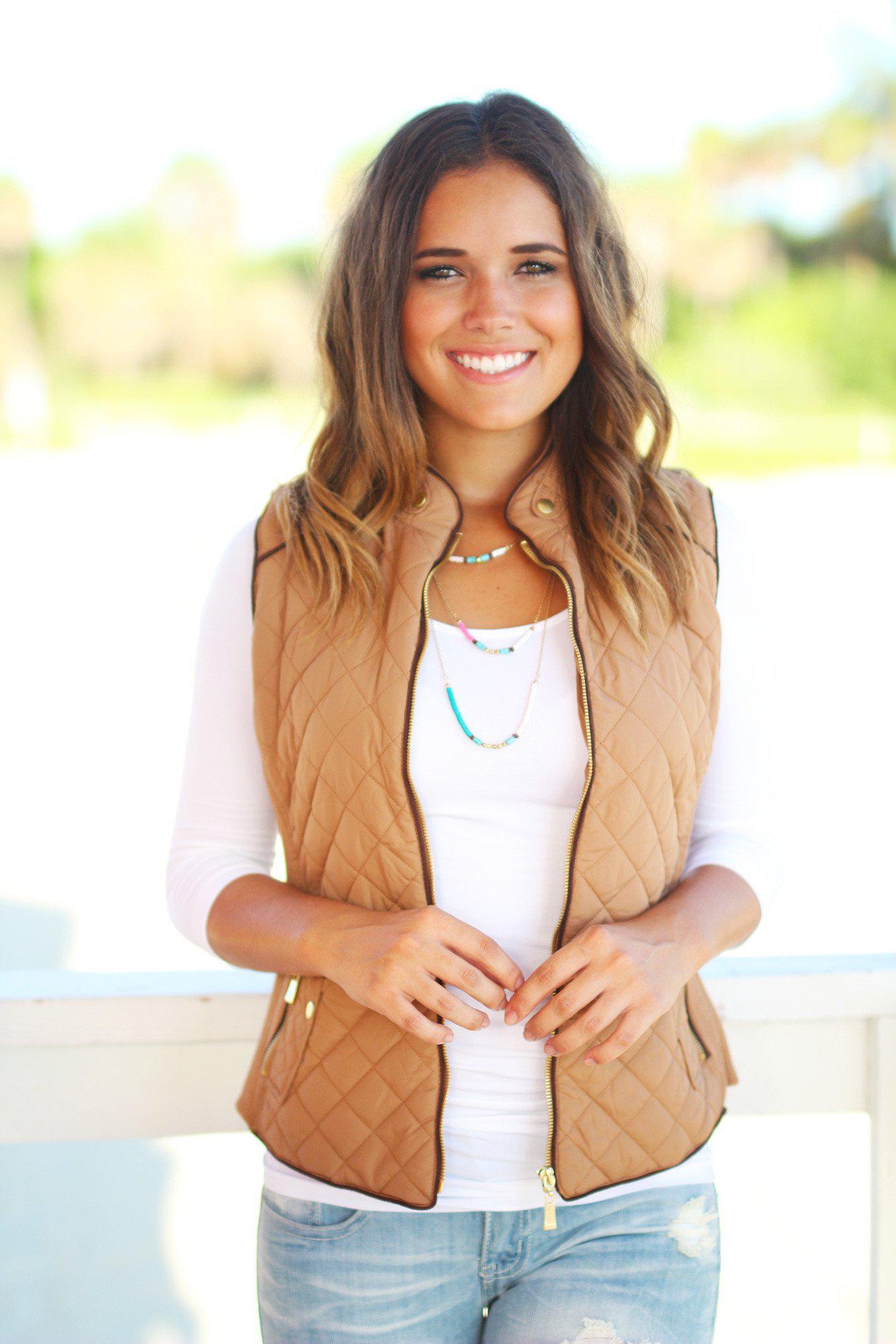 Stylish Camel Quilted Vest with Gold Zippers and Pockets for Fall/Winter