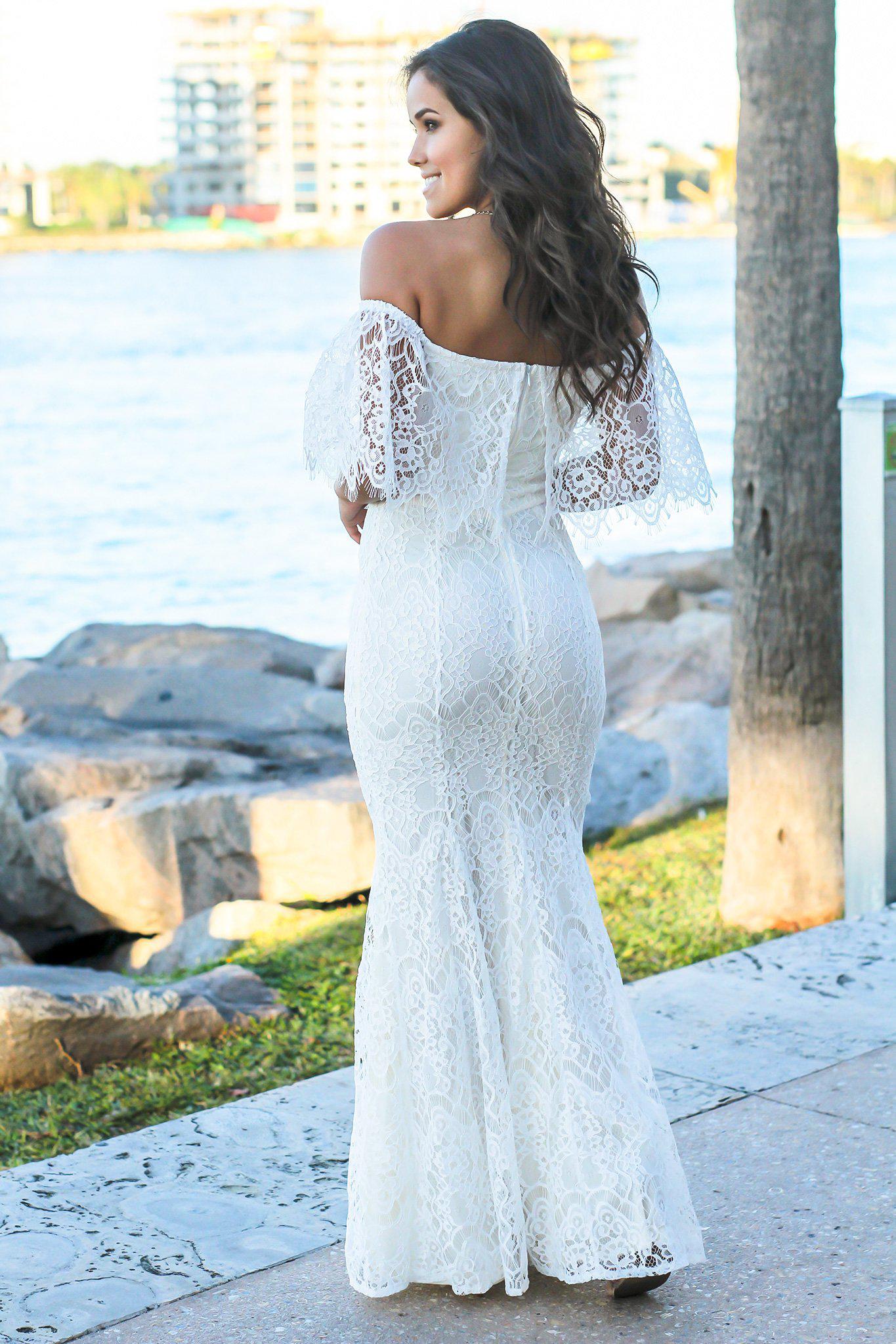 Stunning Ivory Off-the-Shoulder Lace Long Maxi Evening Dress