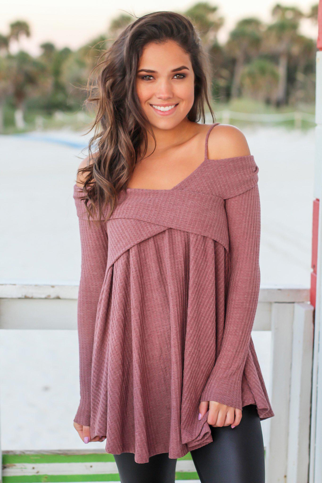 Stylish Light Maroon Knit Off - Shoulder Long - Sleeve Tunic