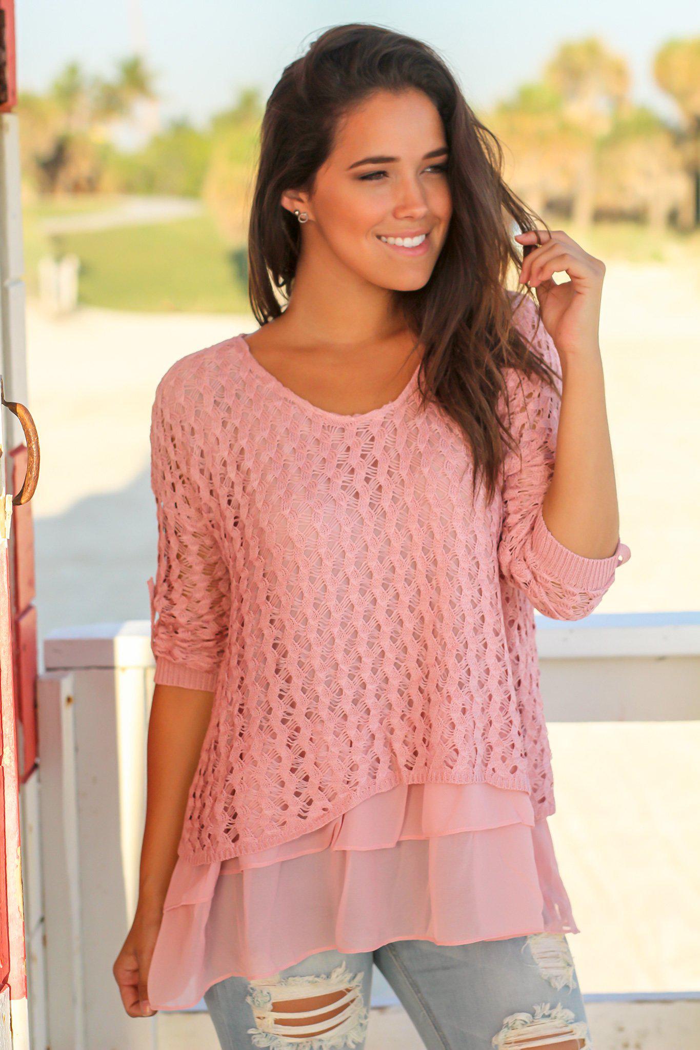 Charming Mauve Crochet Sweater with Adorable Ruffled Hem