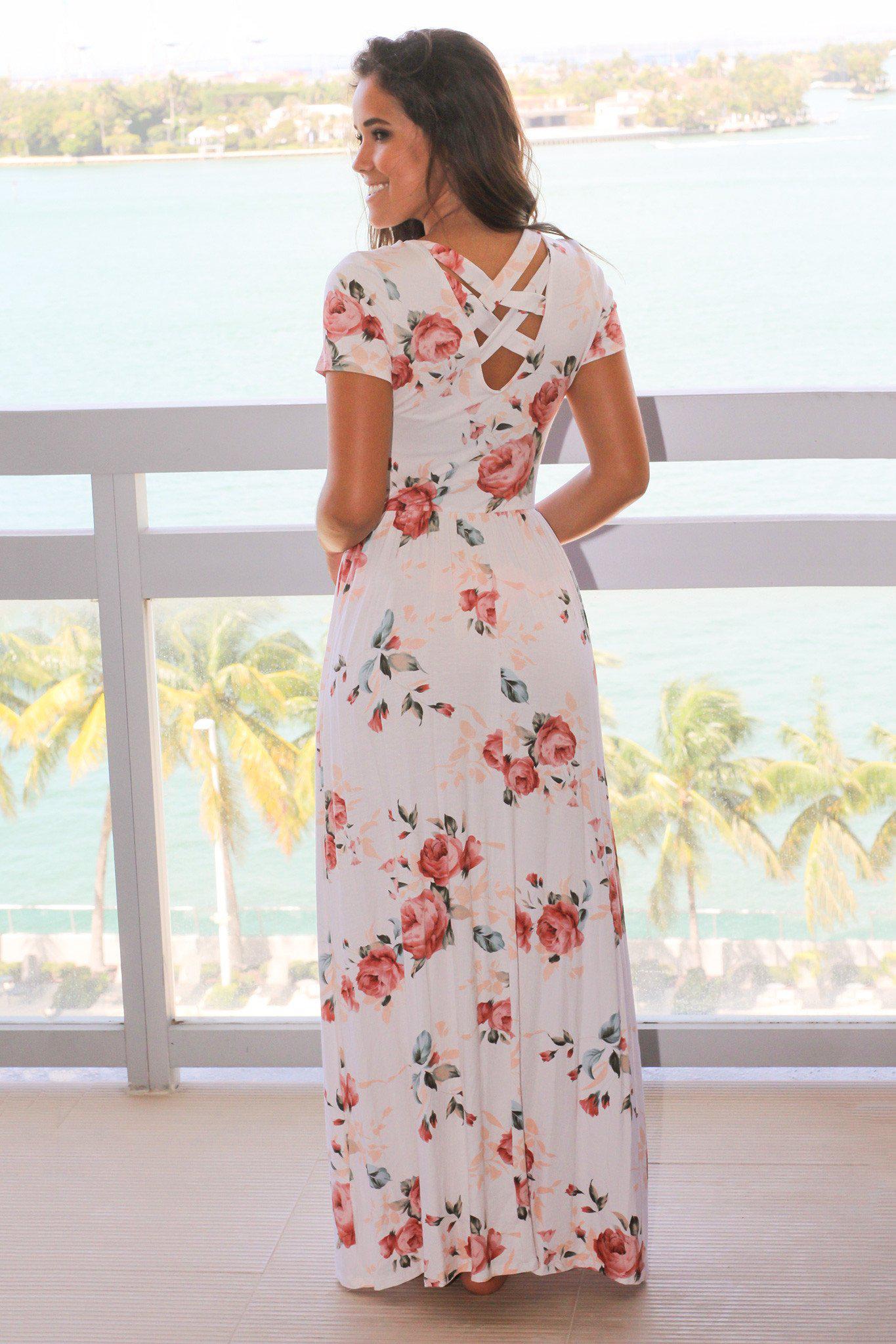 Elegant Ivory Floral Maxi Dress with Stylish Criss Cross Back Design