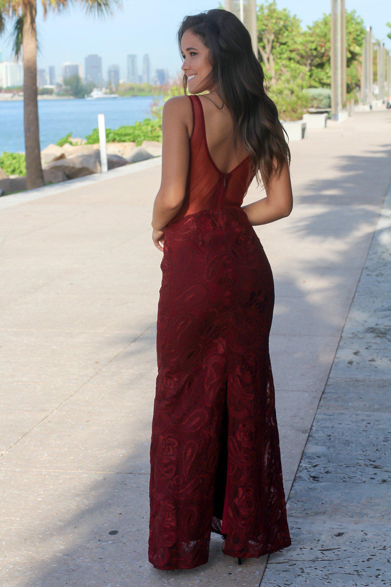 Gorgeous Burgundy Lace Mermaid Maxi Dress with Mesh Back and Gold Dot Details