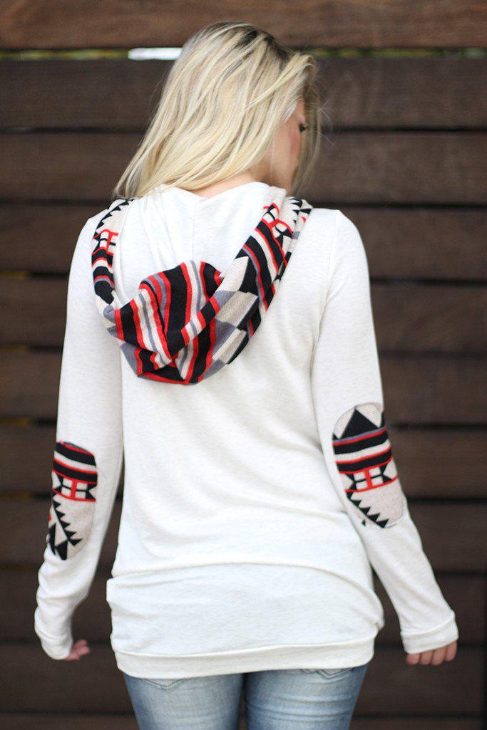 Soft Ivory Aztec Printed Hoodie with Front Pocket and Elbow Patches