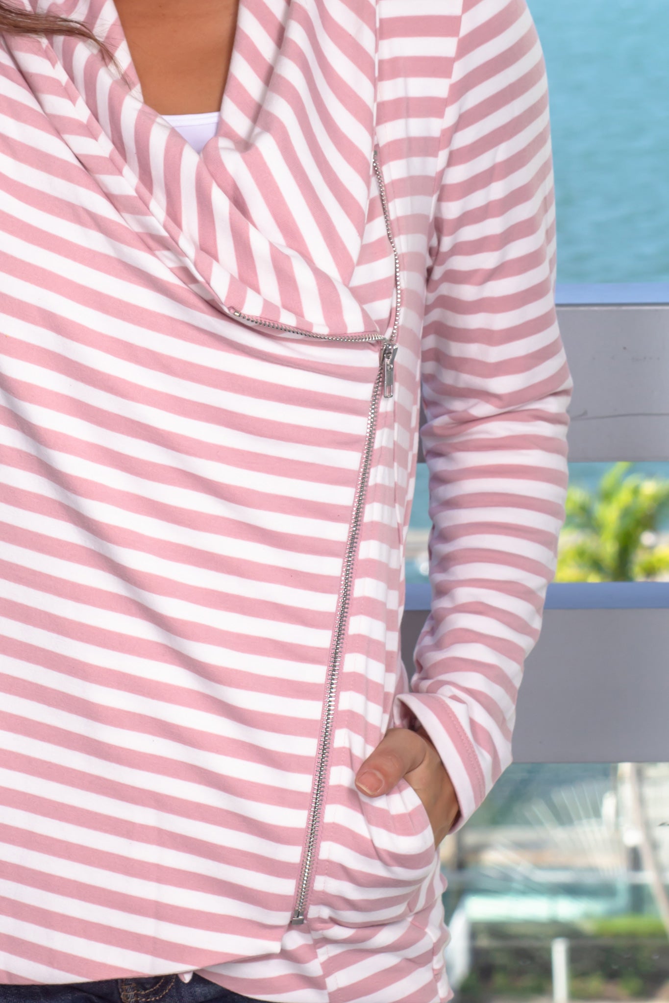 Fashionable Mauve and Ivory Striped Zippered Asymmetrical Women's Jacket for Cold Weather
