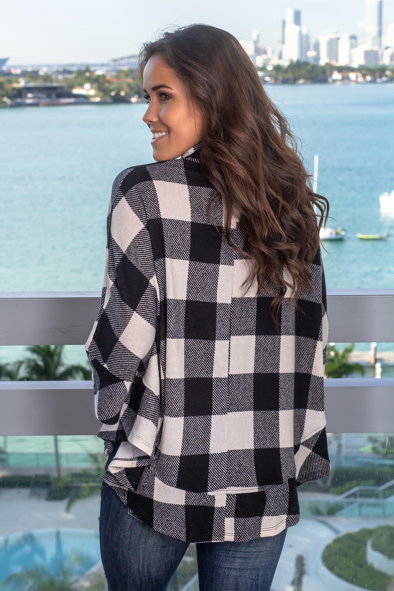 Cozy Ivory and Black Plaid Poncho with Turtle Neck for Fall and Winter