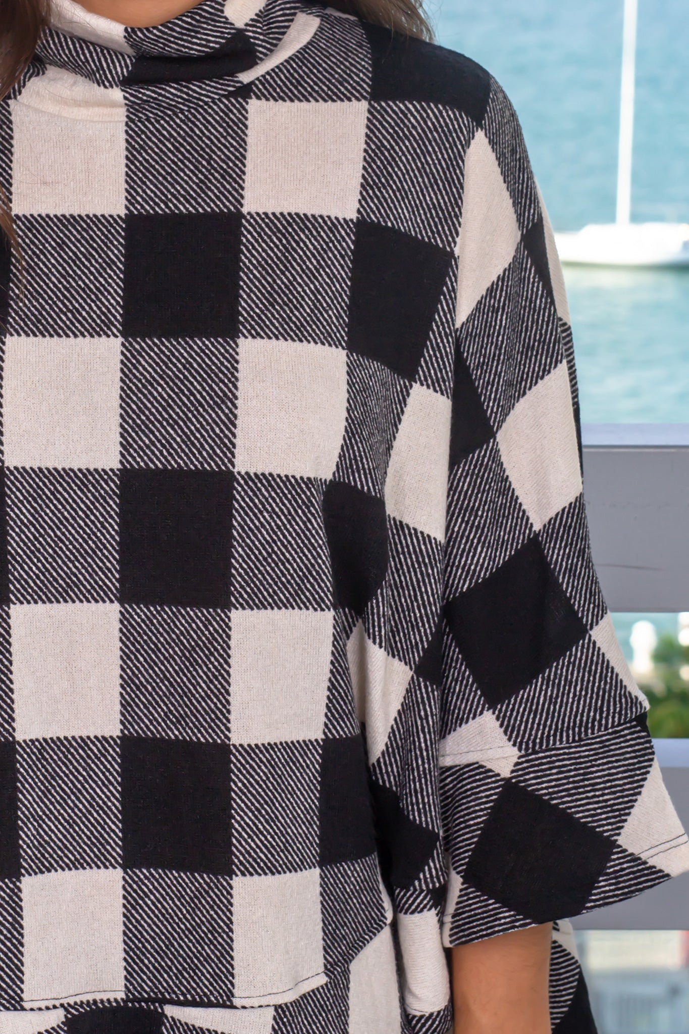 Cozy Ivory and Black Plaid Poncho with Turtle Neck for Fall and Winter