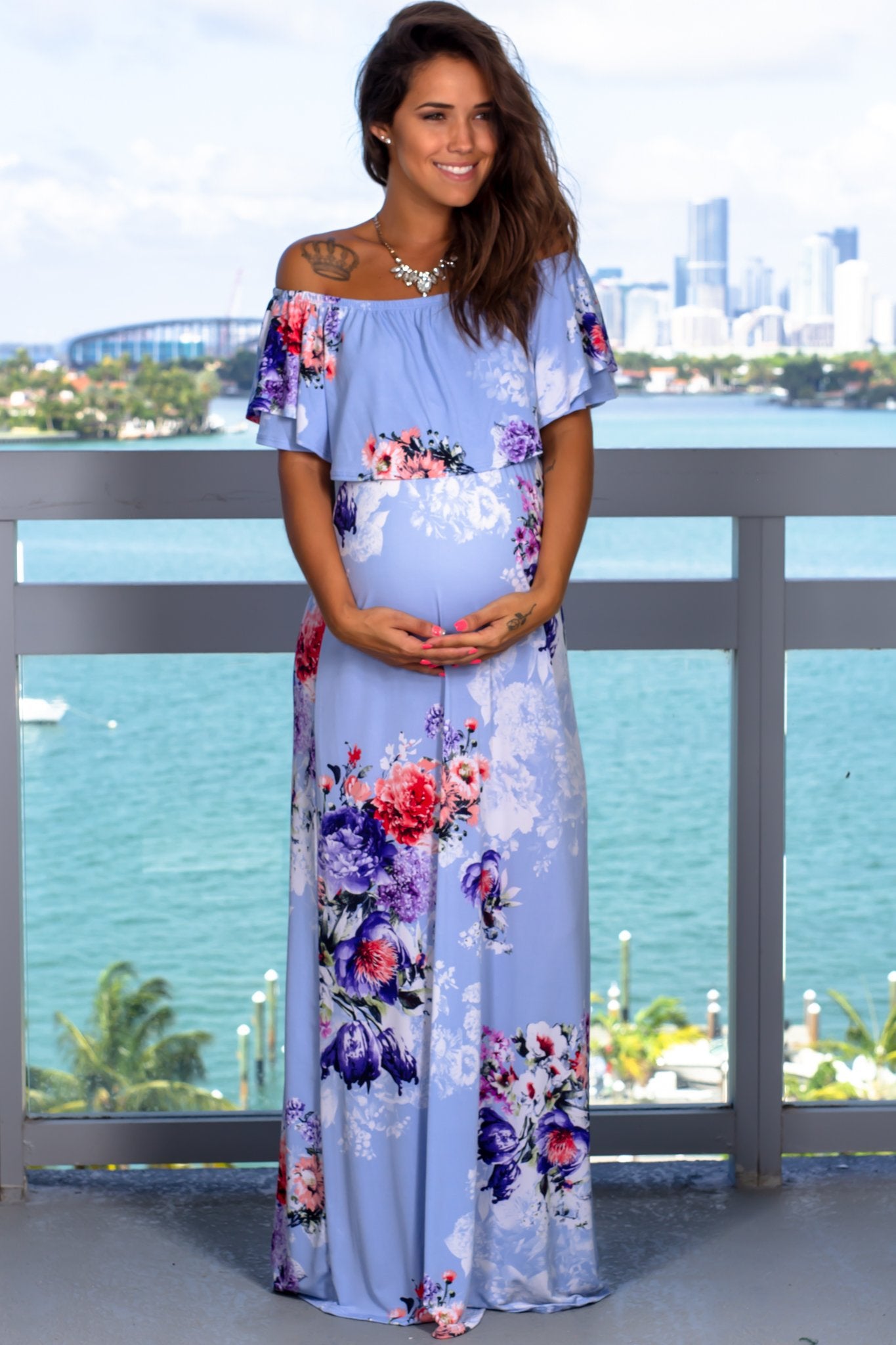 Light Blue Floral Off Shoulder Maternity Maxi Dress