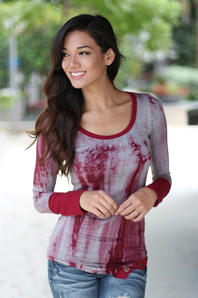 Stylish Burgundy Tie Dye Long Sleeve Asymmetrical Women's Top