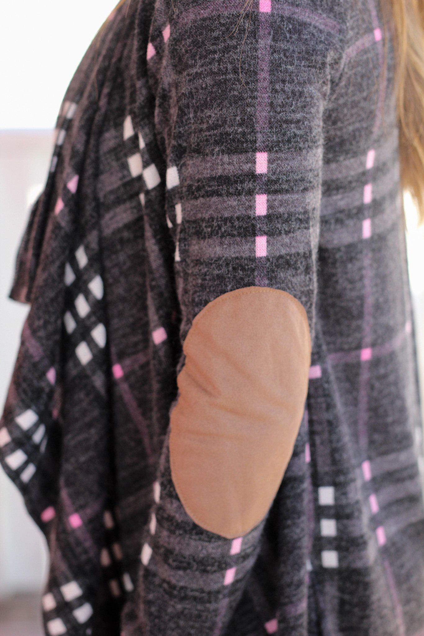 Stylish Charcoal Plaid Knitted Cardigan for Women with Faux Suede Elbow Patches