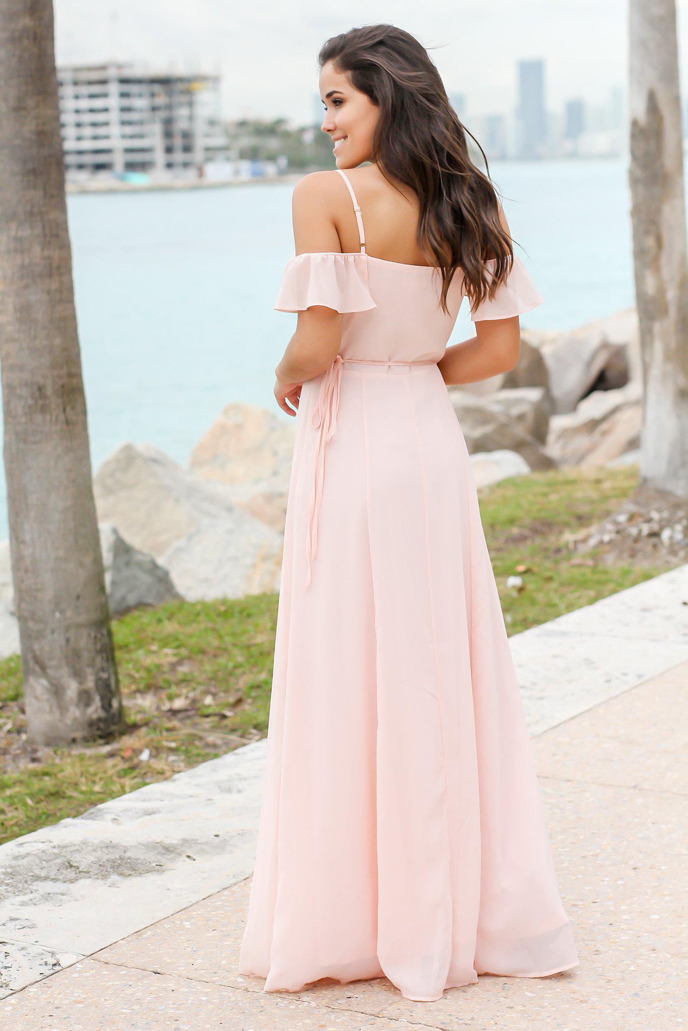 Gorgeous Blush-Colored Wrap Maxi Dress with a Stylish Ruffle Top for Women