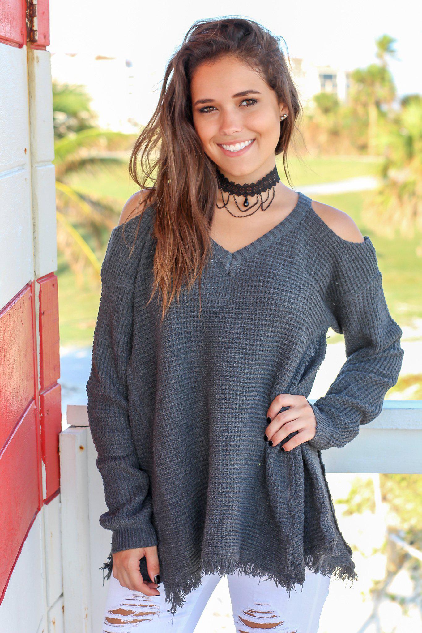 Charcoal Colored Knit Women's Cold Shoulder Casual Sweater for Everyday Wear