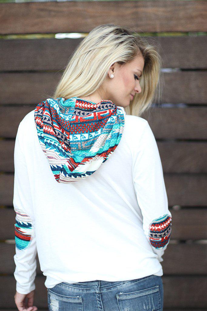 Super Soft Ivory and Teal Print Hoodie with Pocket and Elbow Patches