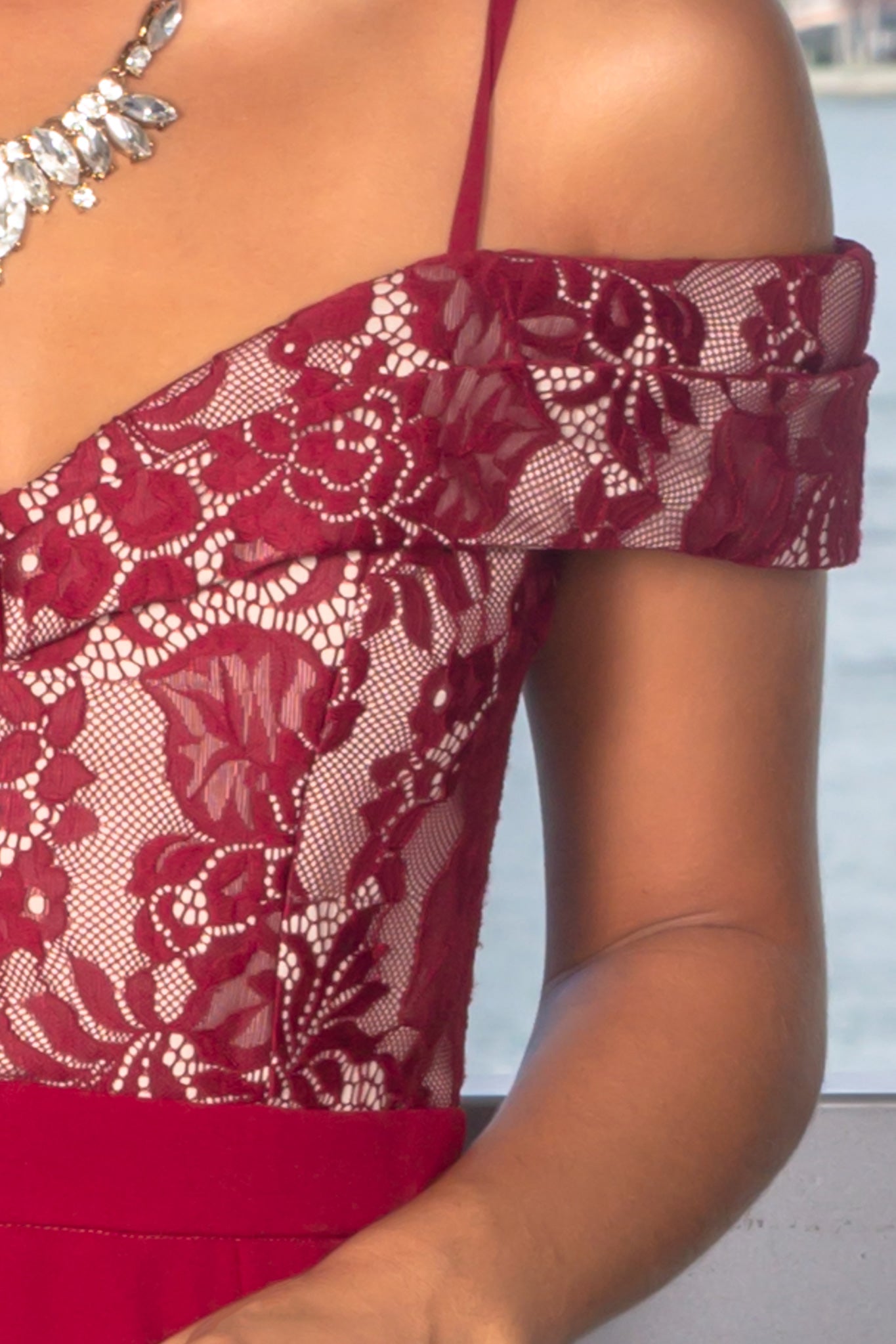 Stylish Burgundy and Beige Off - Shoulder Lace - Top Maxi Dress