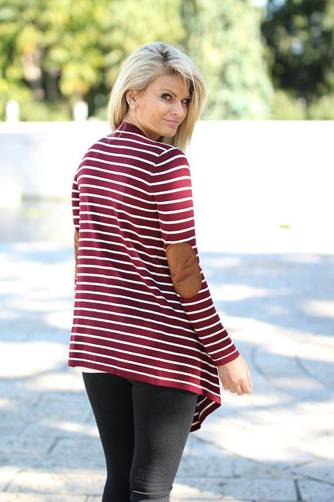 Stylish Burgundy Striped Cardigan with Chic Elbow Patches