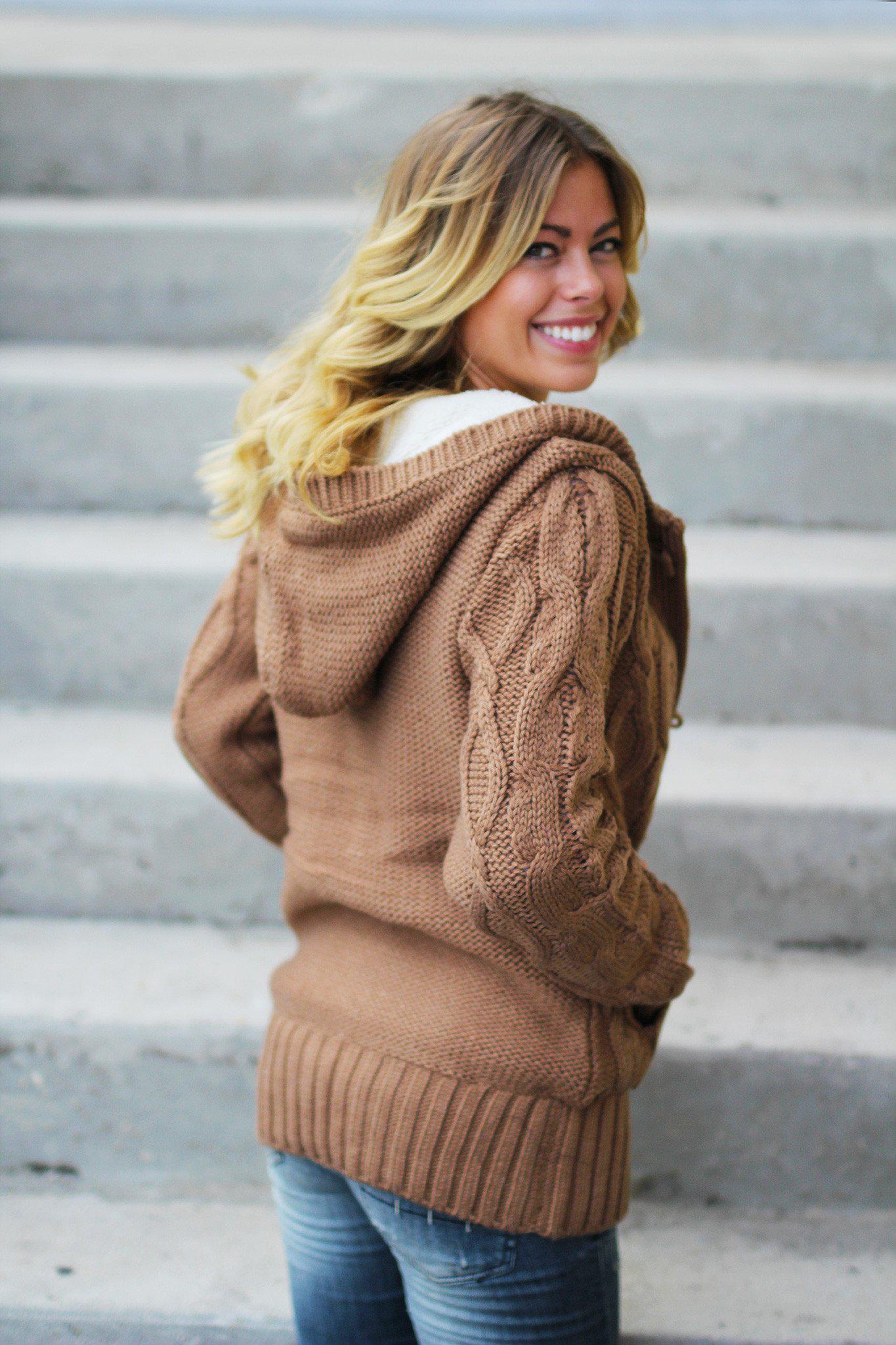 Gorgeous Camel Knitted Hooded Sweater with Faux Fur Trim