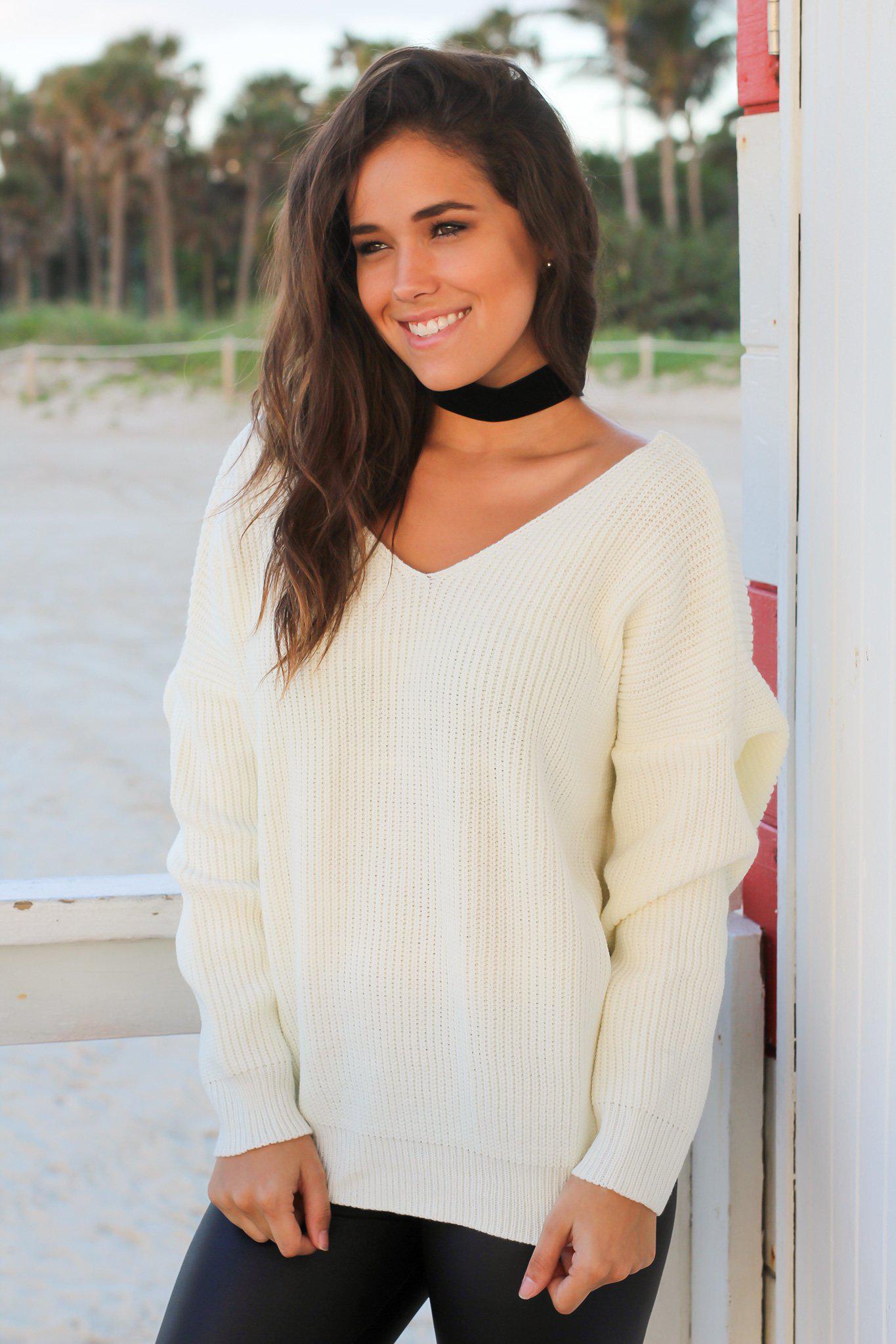 Stylish Ivory Acrylic Knit Women's Sweater with Unique Knot Detail at the Back