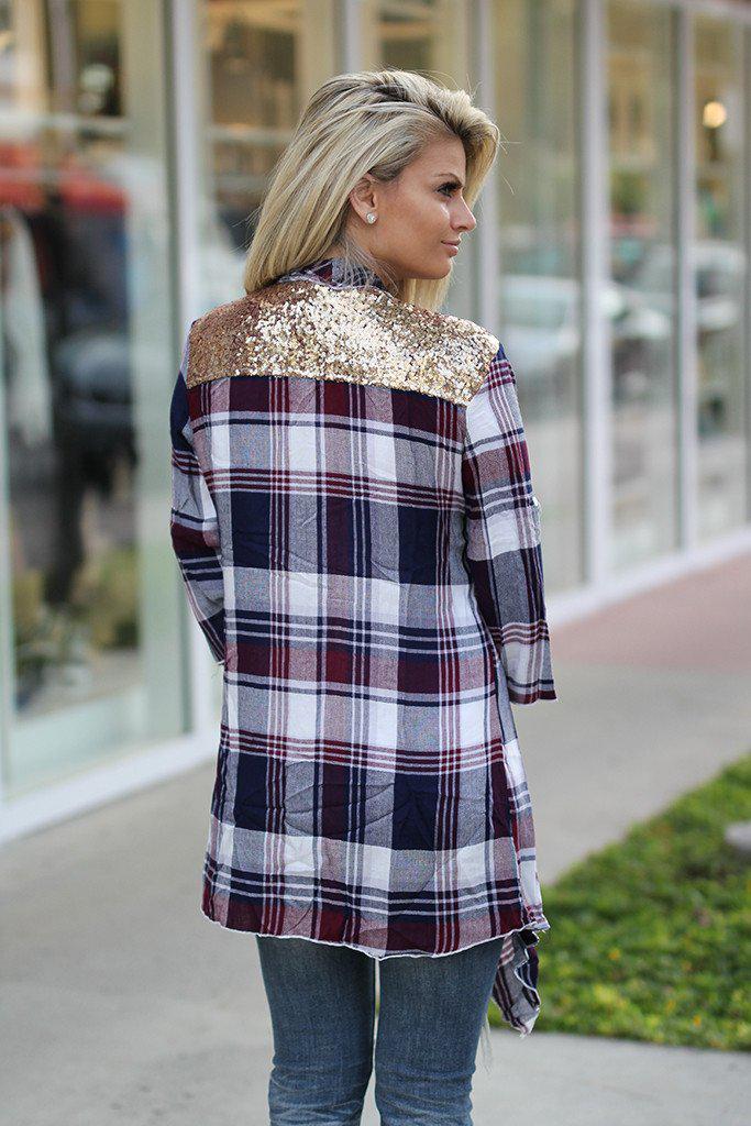 Stylish Burgundy Checkered Cardigan Featuring a Glittery Sequin Back for Fashion - Forward Wear