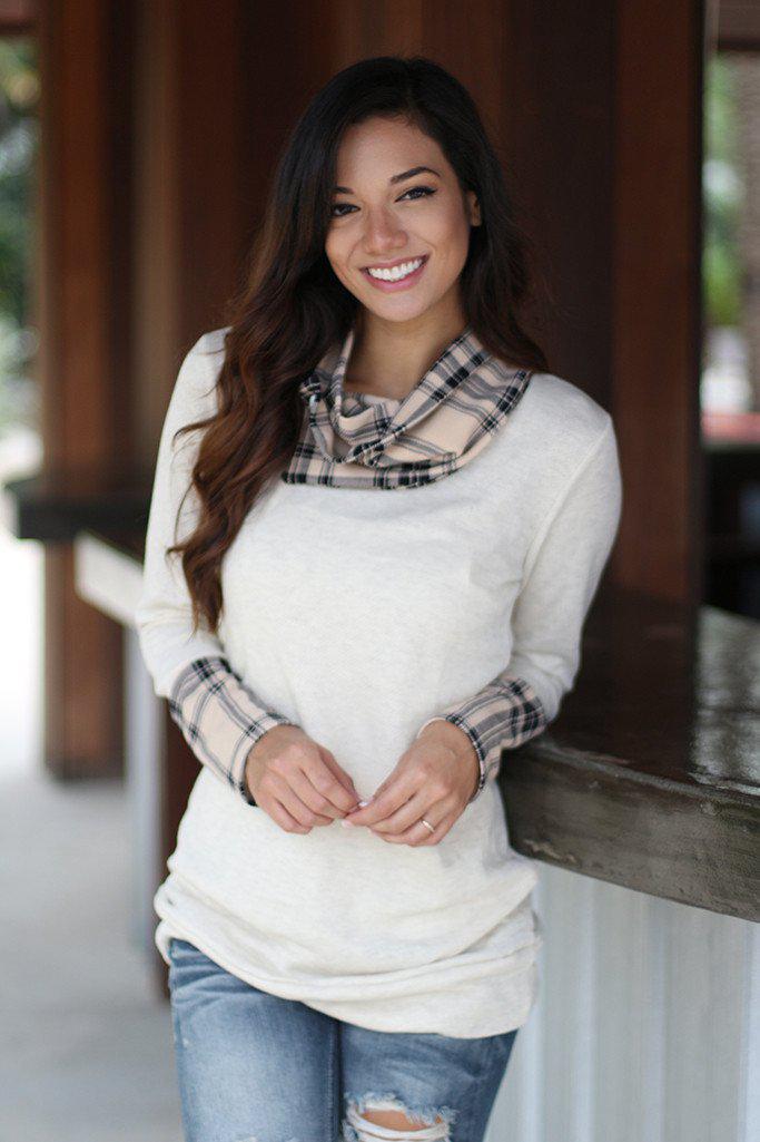 Charming Ivory and Taupe Plaid Cowl Neck Long - Sleeve Top