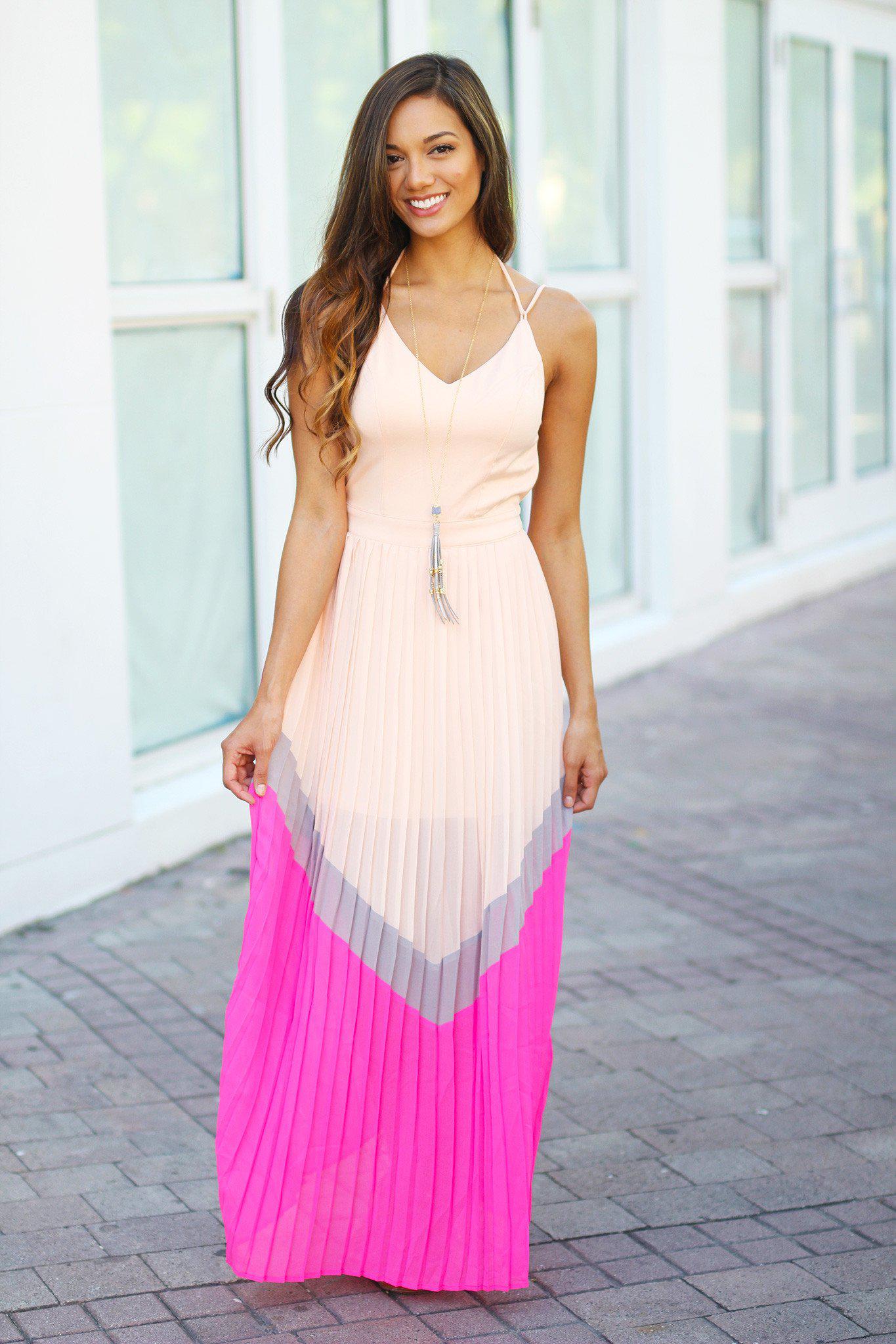 Gorgeous Light Peach Chevron Pleated Floor-Length Maxi Dress for Women
