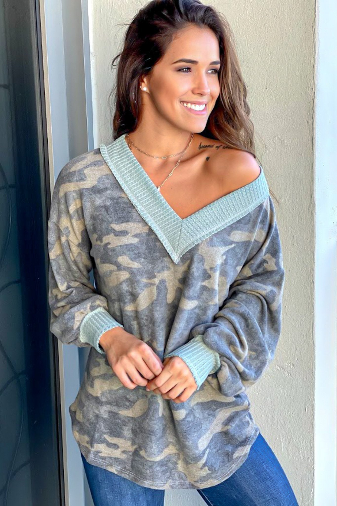 Adorable Oversized Camouflage Long Sleeve V-Neck Top