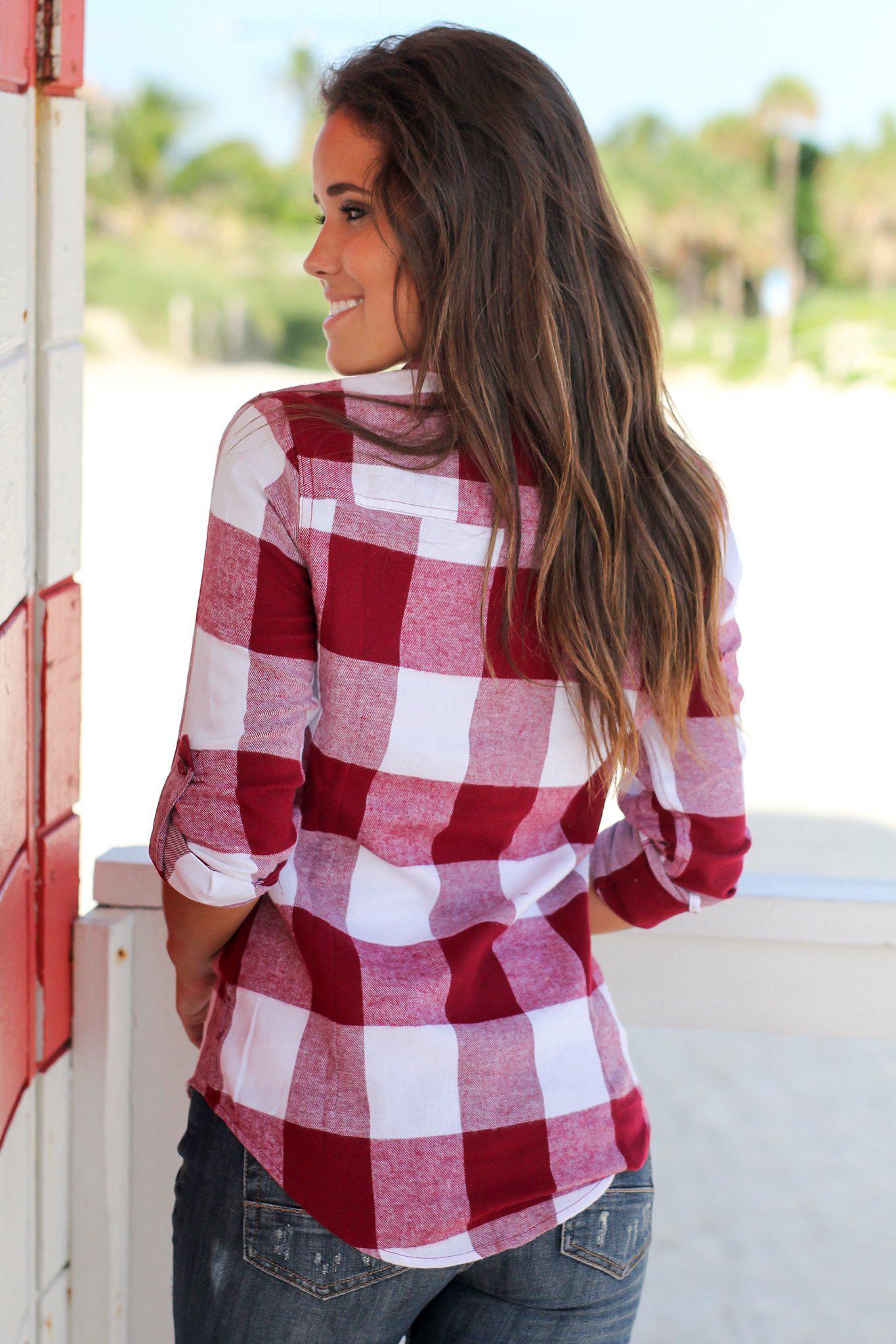 Stylish Burgundy and White Checkered Long - Sleeve Button - Up Women's Top