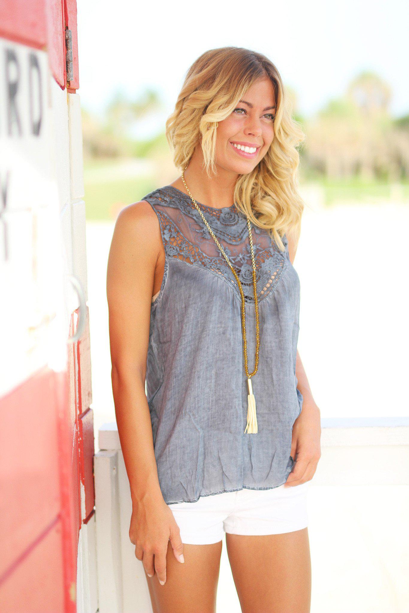 Faded Charcoal Sleeveless Loose-Fit Lace Top with Neckline Detail
