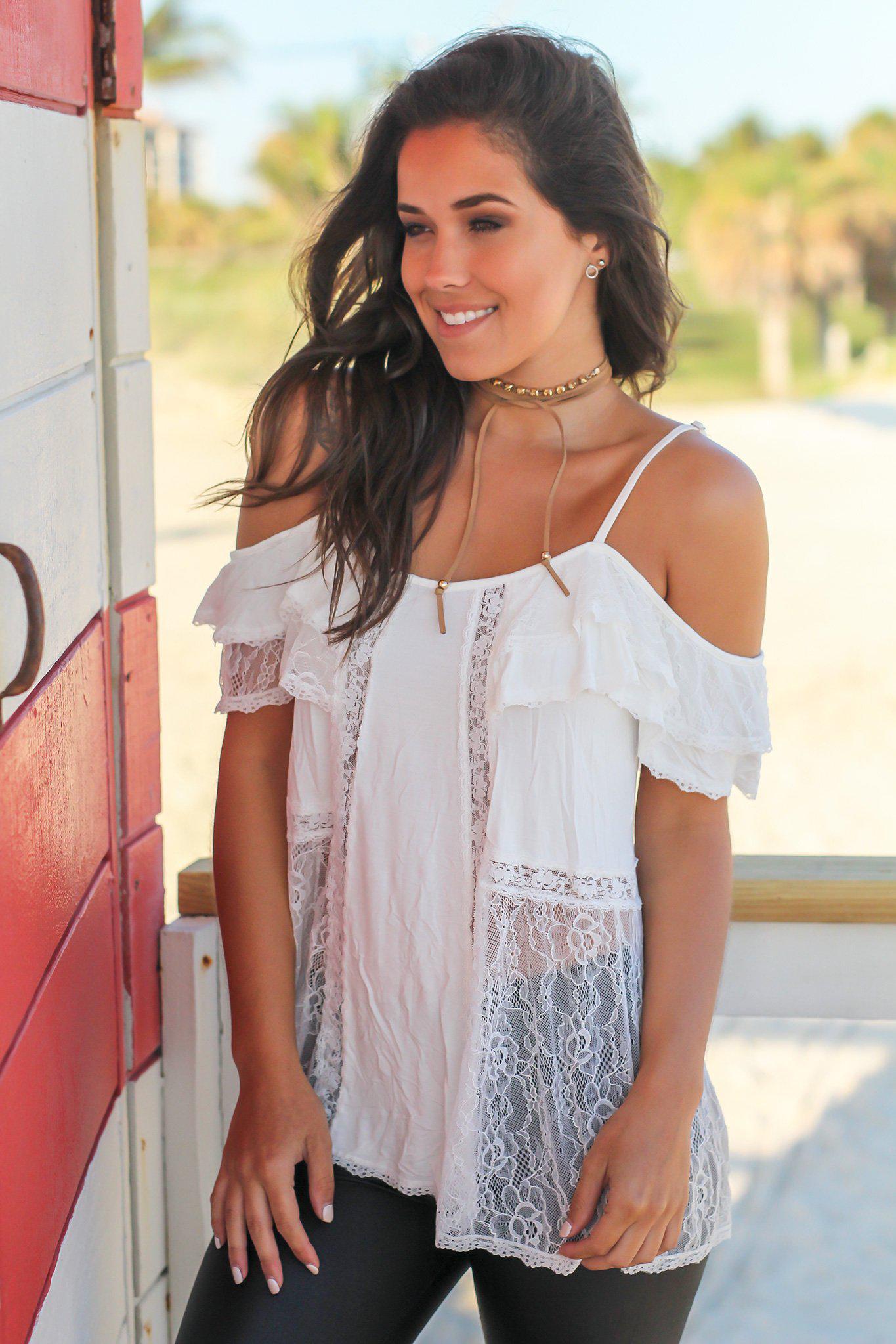 Charming Ivory Sheer Lace Cold Shoulder Off - Shoulder Top