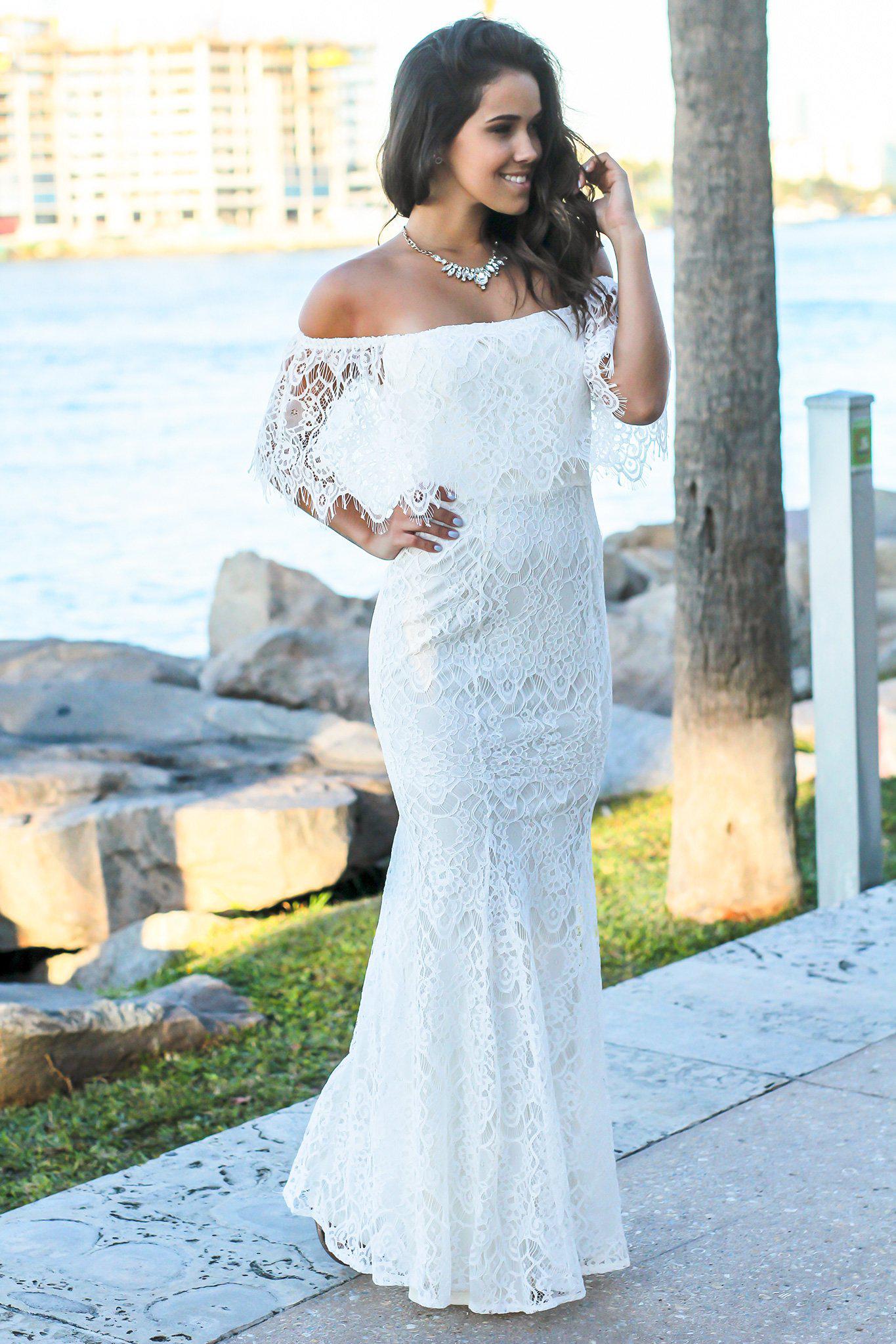 Stunning Ivory Off-the-Shoulder Lace Long Maxi Evening Dress