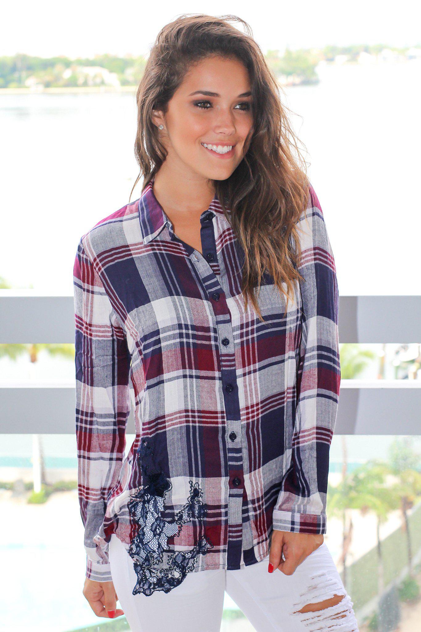 Stylish Burgundy and Navy Checkered Women's Long-Sleeved Button-Up Top with Delicate Lace Trim