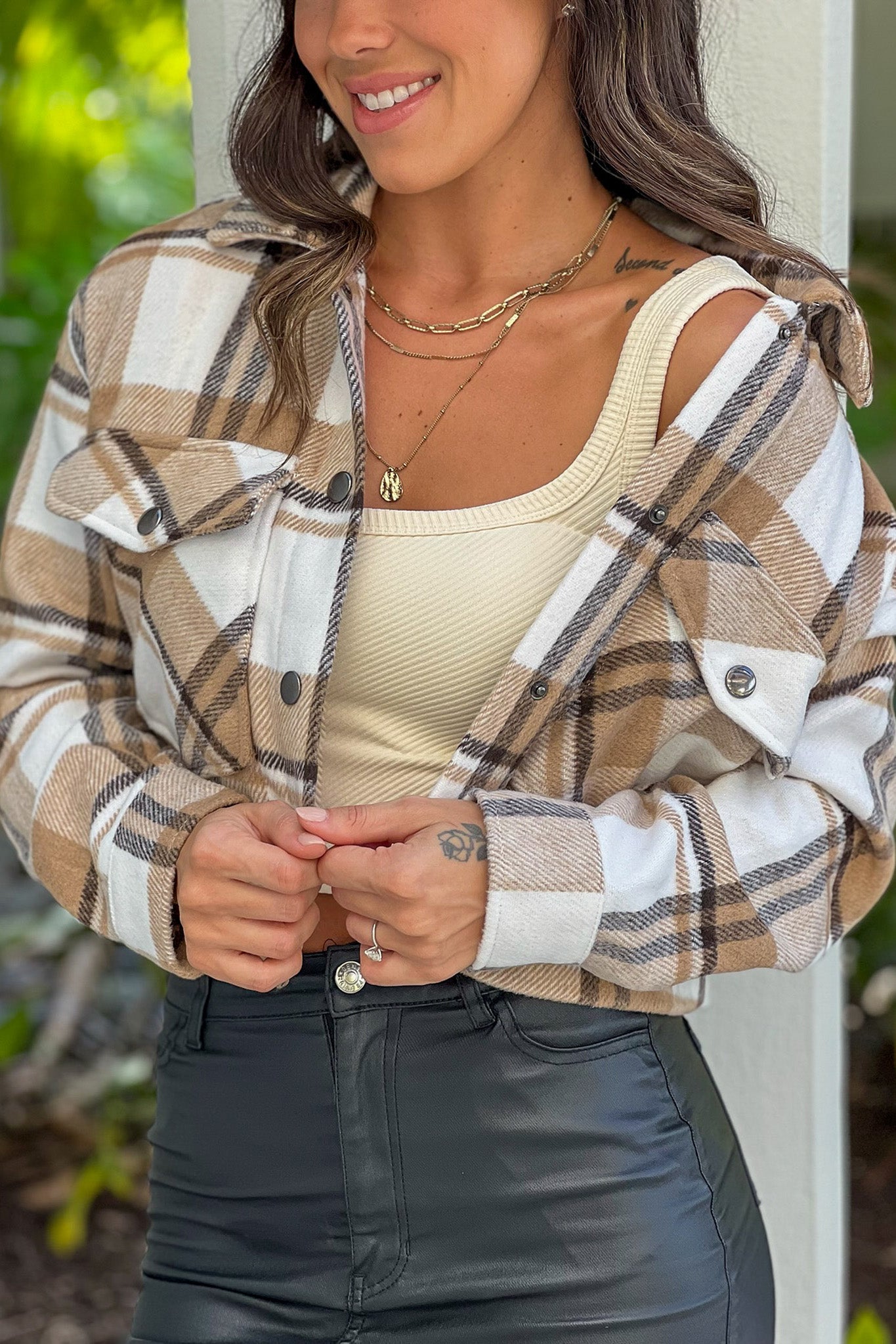 Adorable Camel-Colored Cropped Plaid Jacket with Snap Buttons and Pockets