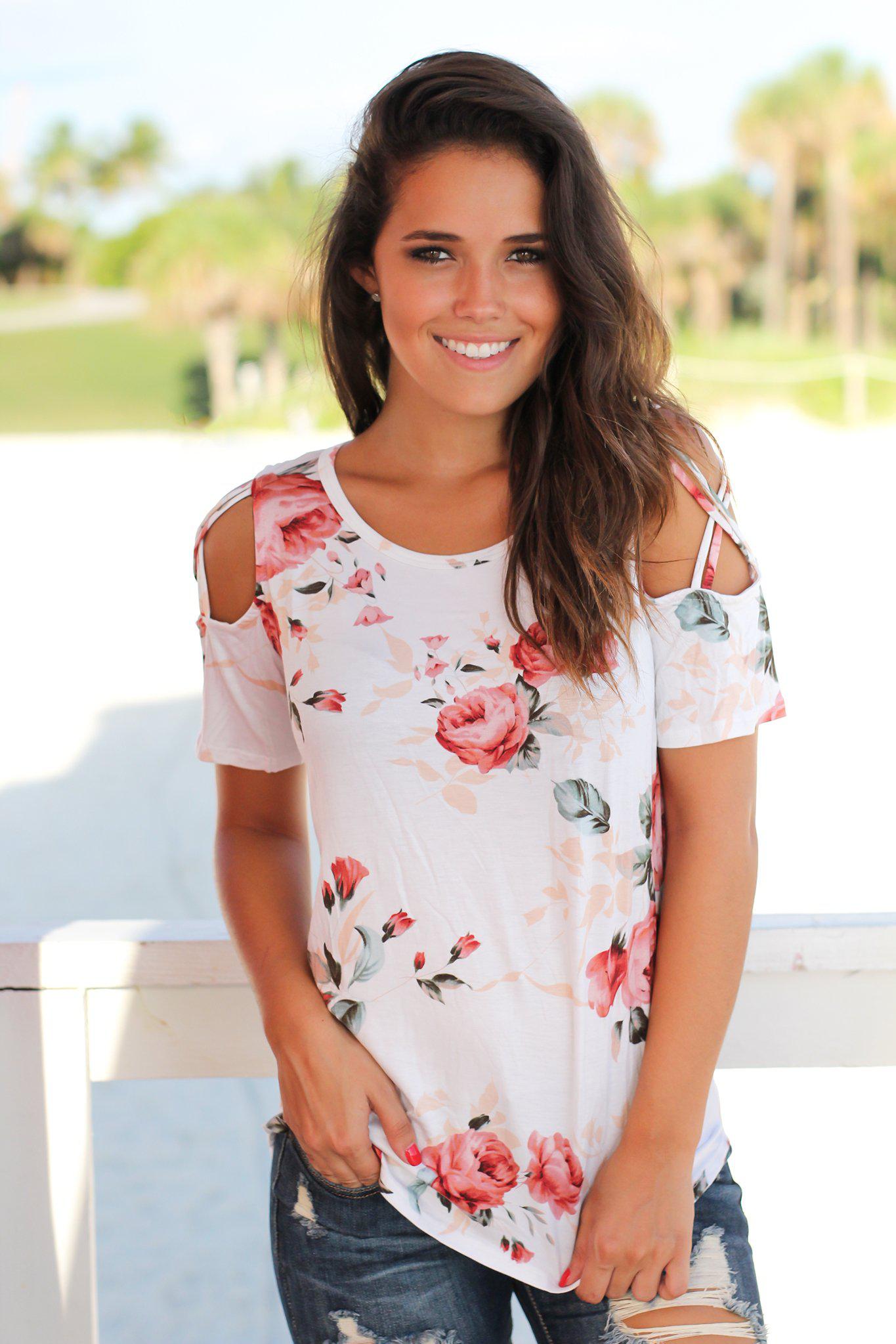 Stylish Ivory Floral Top with Fashionable Cut-Out Sleeves