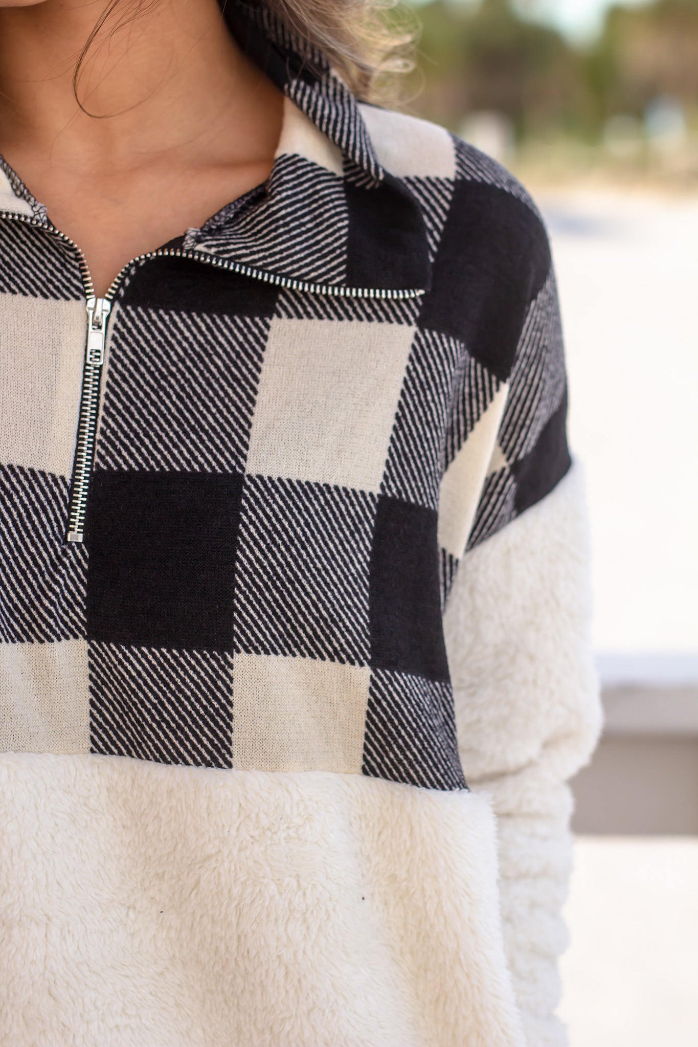 Ivory and Black Fuzzy Polyester Pullover Hoodie Sweatshirt with Plaid Design Detail