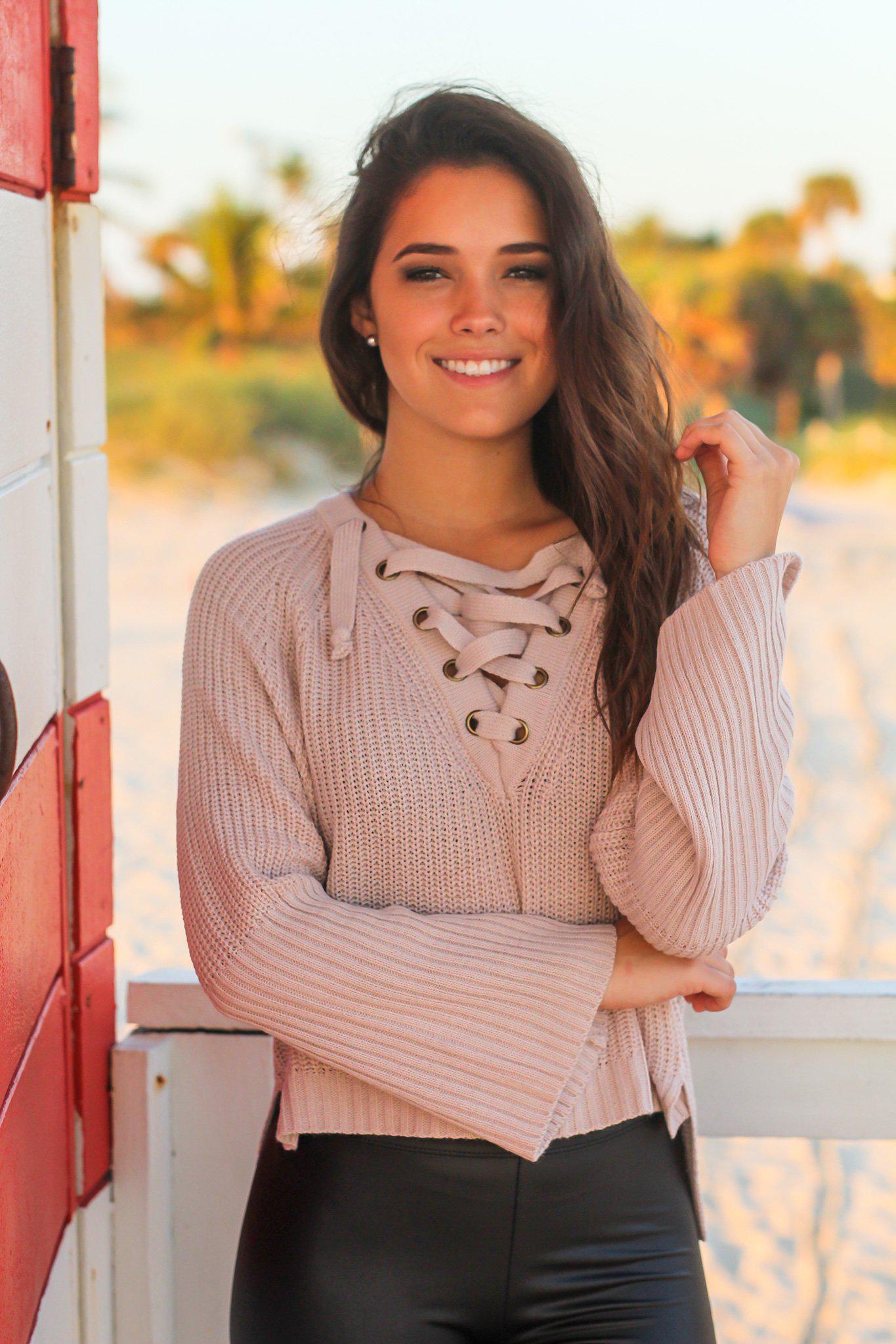 Stylish Mauve Acrylic-Cotton Knit Lace Up Bell Sleeve Sweater for Fall and Winter