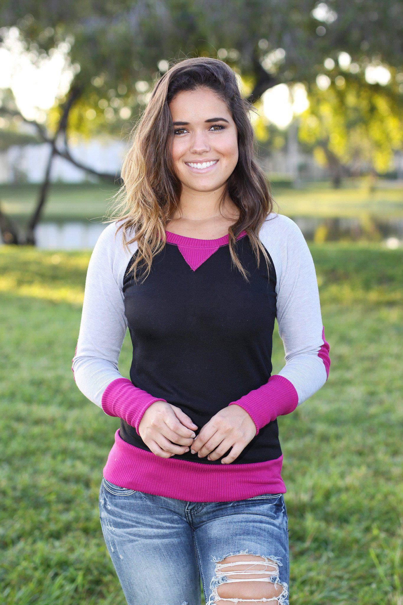 Adorable Magenta, Black, and Gray Top with Charming Elbow Patches