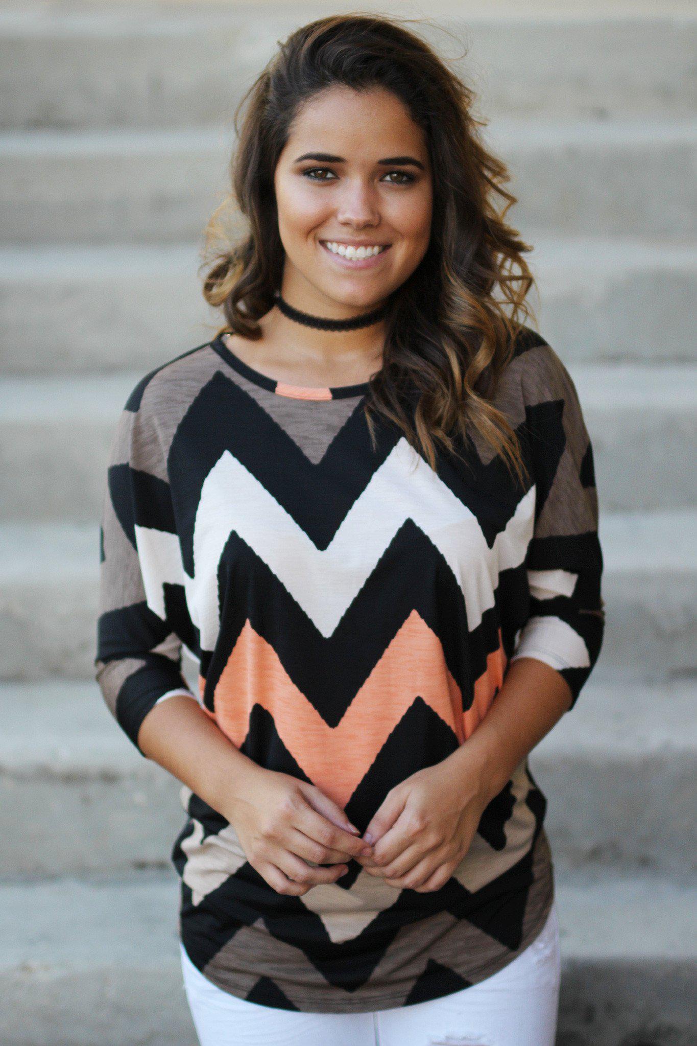 Stylish Brown and Peach Chevron-Print Women's Top for Fall