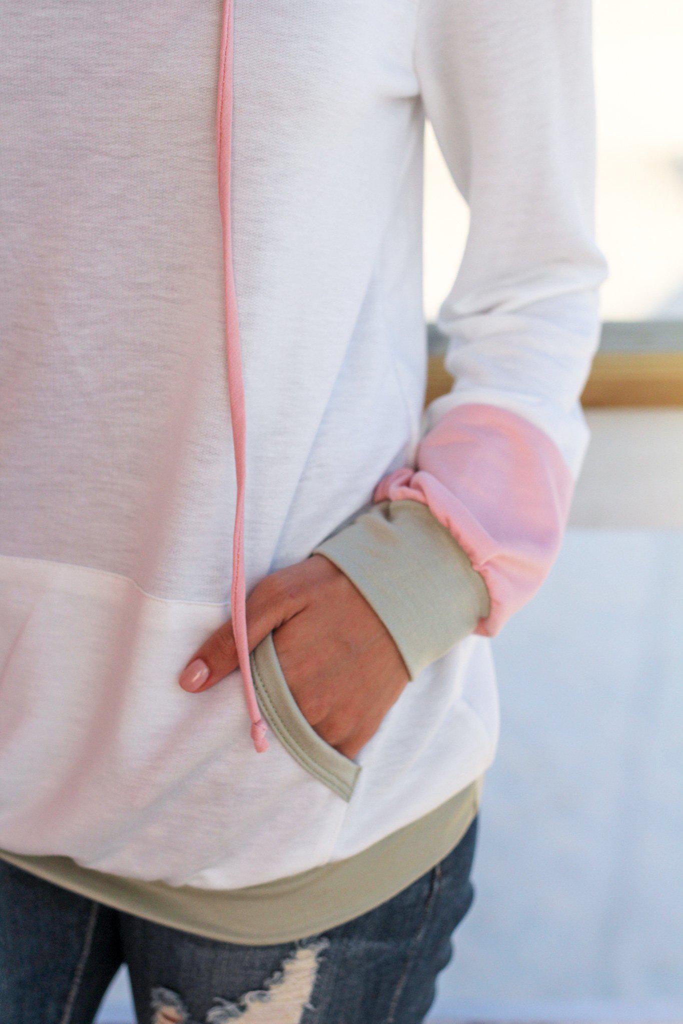 Fashionable Ivory and Sage Color Block Long - Sleeved Sweater with Drawstring Hood and Front Pocket