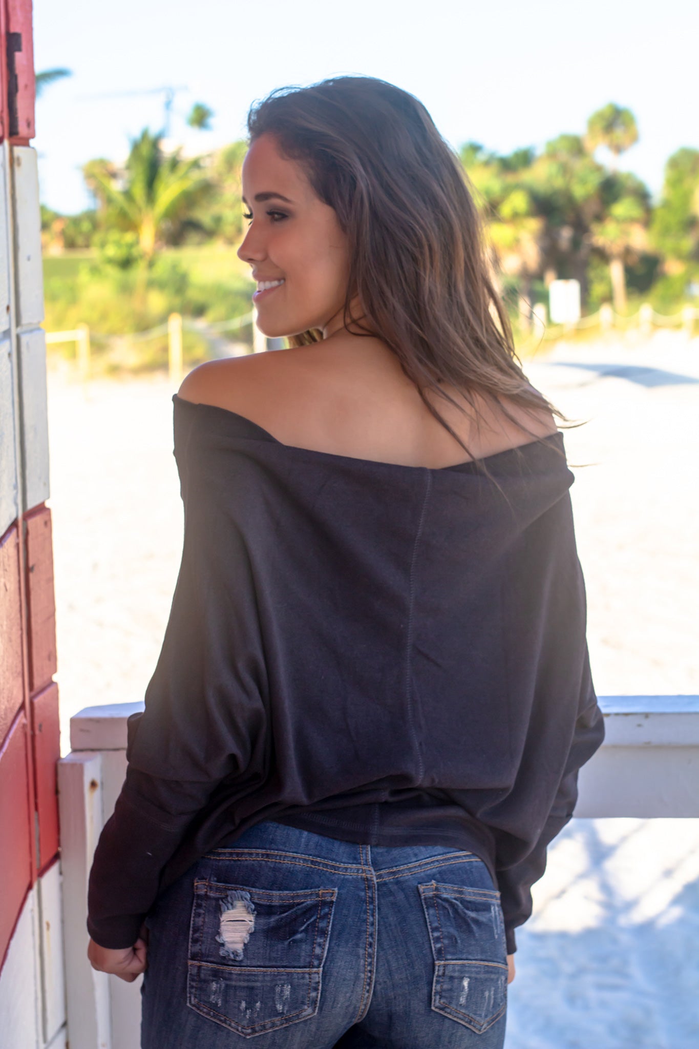 Stylish Charcoal Long - Sleeve Off - Shoulder Knit Top for Trendy Wear