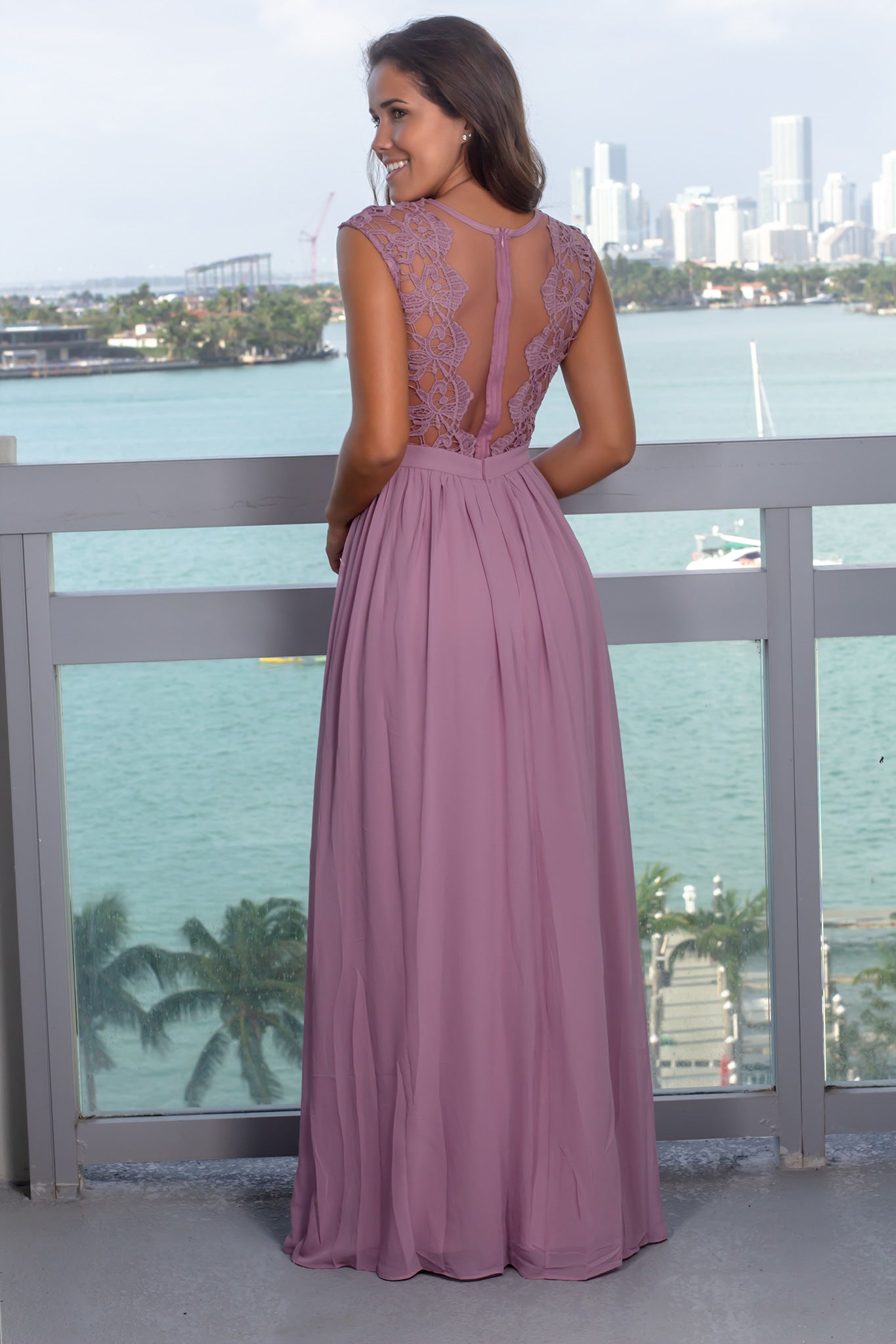 Elegant Mauve Crochet Maxi Dress with Stunning Tulle Back