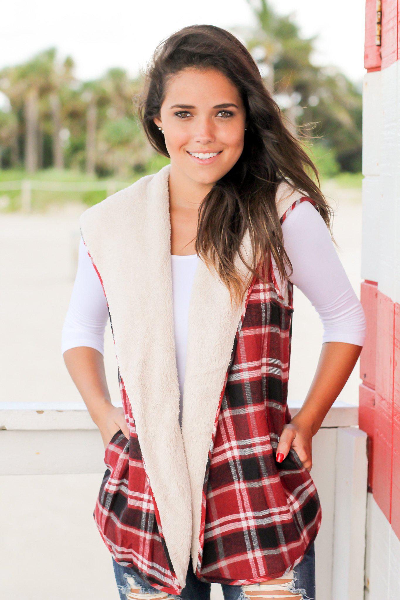 Stylish Burgundy Plaid and Faux Fur Reversible Winter Vest for Fall and Winter Fashion