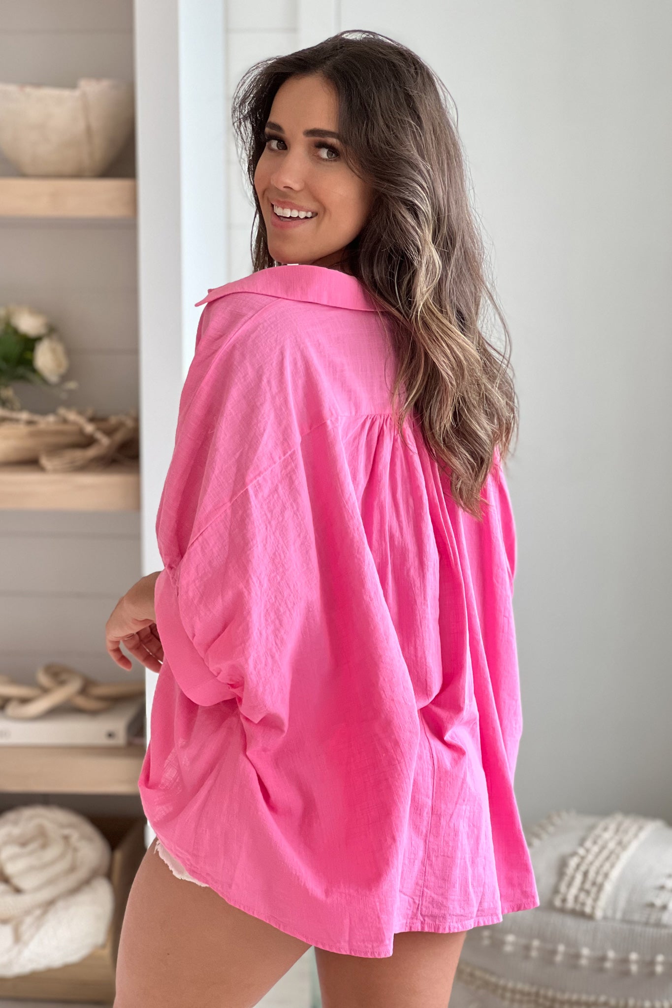 Stylish Bubble Gum Colored Oversized Cotton Button - Down Shirt