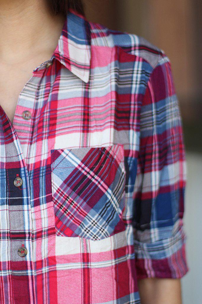 Fashionable Magenta Long Plaid Women's Top